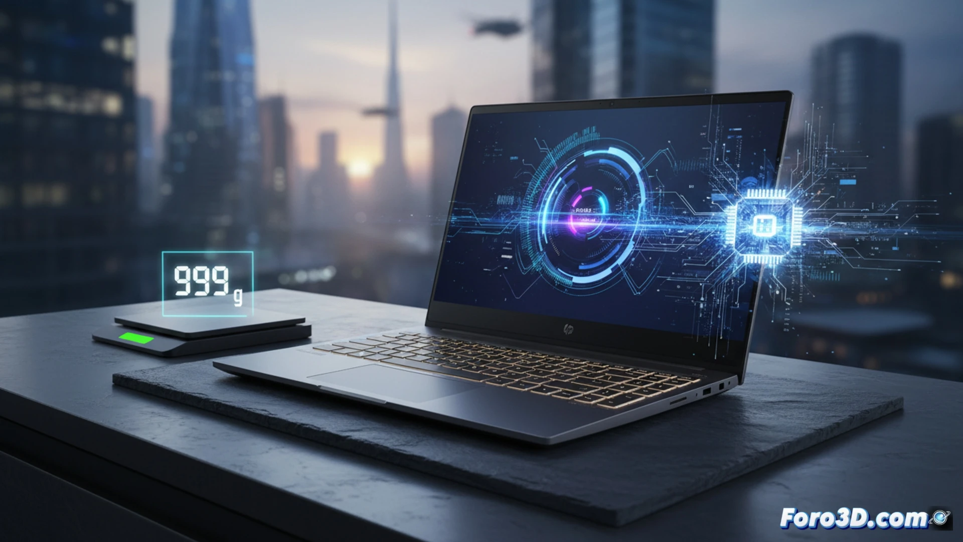 Ultra-thin magnesium laptop chassis open on a clean desk, weight scale showing 999 grams beside it, businessman hand sliding the device into a leather briefcase while a CAD wireframe overlay highlights the 9mm thickness, engineering cross-section view of internal components visible as ghosted layers, photorealistic industrial design visualization, soft studio lighting with blue accent rim light, brushed metal surface reflections, technical illustration style with exploded-view precision, action of demonstrating portability and strength simultaneously, no text or numbers on the laptop screen or body