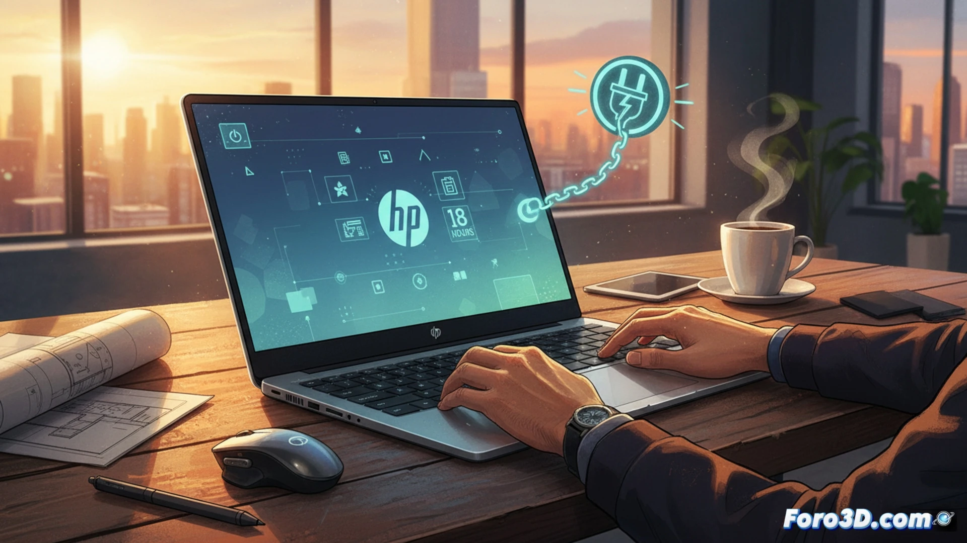 ultra-slim laptop open on a wooden desk, battery icon glowing green in taskbar showing 18 hours remaining, sunlight streaming through a window onto the screen displaying Windows 11 desktop, coffee cup and wireless mouse nearby, user hand reaching for the keyboard, cinematic product photography style, soft warm lighting, metallic silver chassis reflecting ambient light, clean minimalist workspace, photorealistic detail, shallow depth of field emphasizing the battery indicator and sleek design