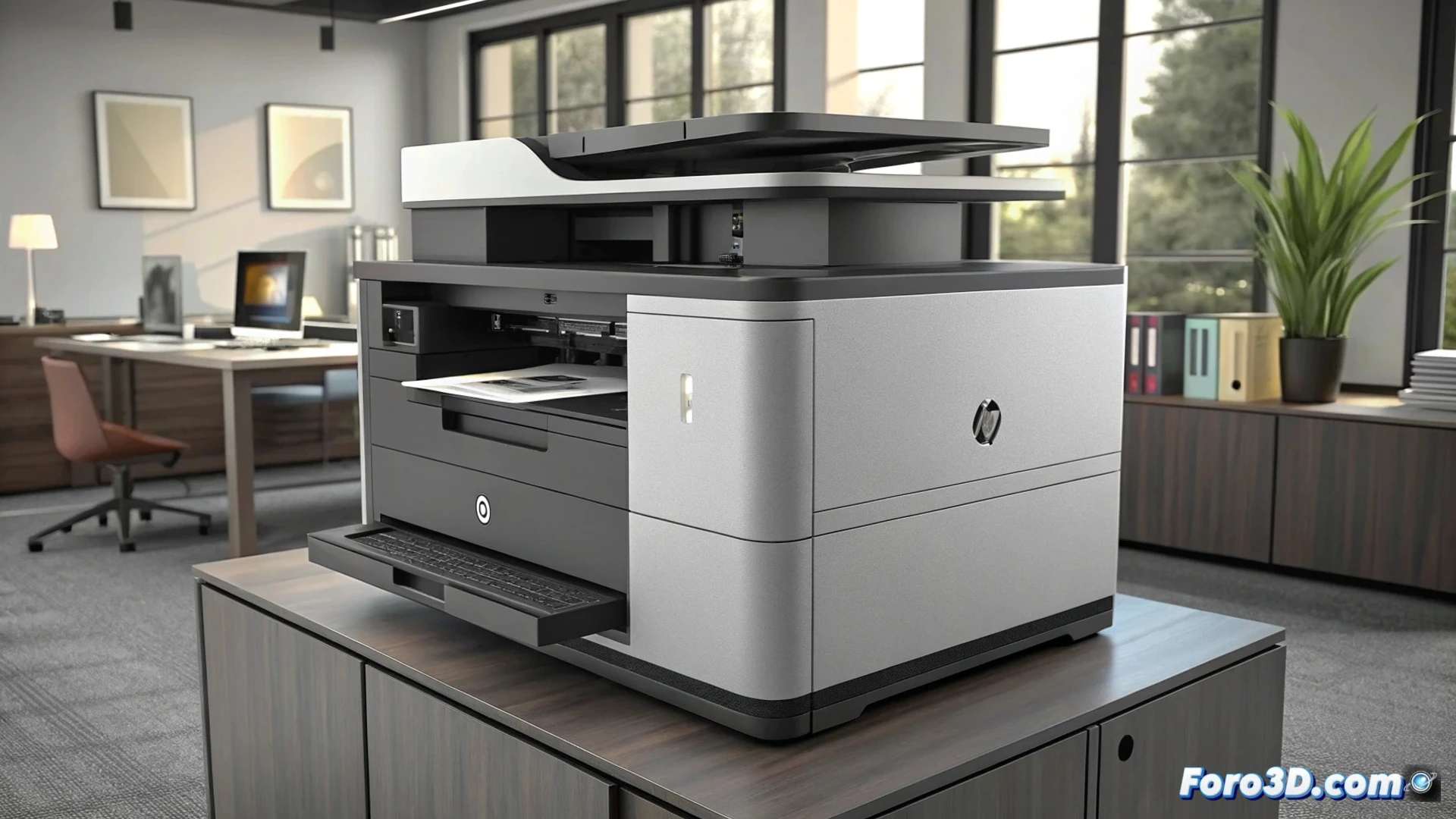 Una impresora 3D compacta HP MJF 1200 sobre un escritorio moderno, con una pieza técnica blanca recién impresa y polvo de nylon alrededor.