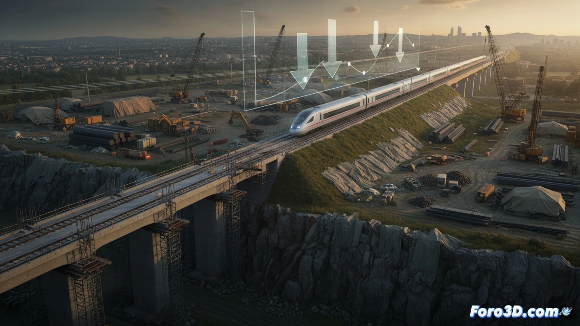 high-speed rail construction site at dusk, half-finished concrete bridge piers stretching into fog, abandoned surveying equipment on gravel, a digital tablet showing fragmented blueprints with red cancellation marks, engineers in hi-vis discussing a speed reduction graph on a portable monitor, cinematic engineering visualization, cold industrial lighting, rust-toned steel beams contrasting with fresh concrete, photorealistic technical render, action of pausing construction while pointing at cost-saving options