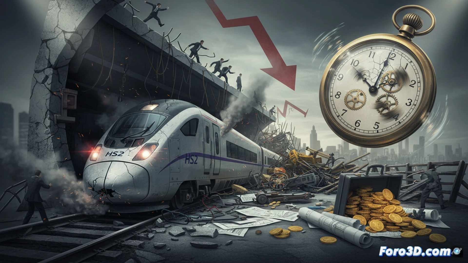 high-speed train derailing from curved tracks, concrete rail ties cracking under excessive force, red warning lights flashing along control panels in a dark control room, engineers pointing at delayed project timelines on a large digital screen, scattered blueprints with crossed-out budget figures, cinematic engineering visualization, dramatic shadows from emergency lights, photorealistic materials, metal rails bending under stress, dust particles in air, ultra-detailed mechanical failure scene