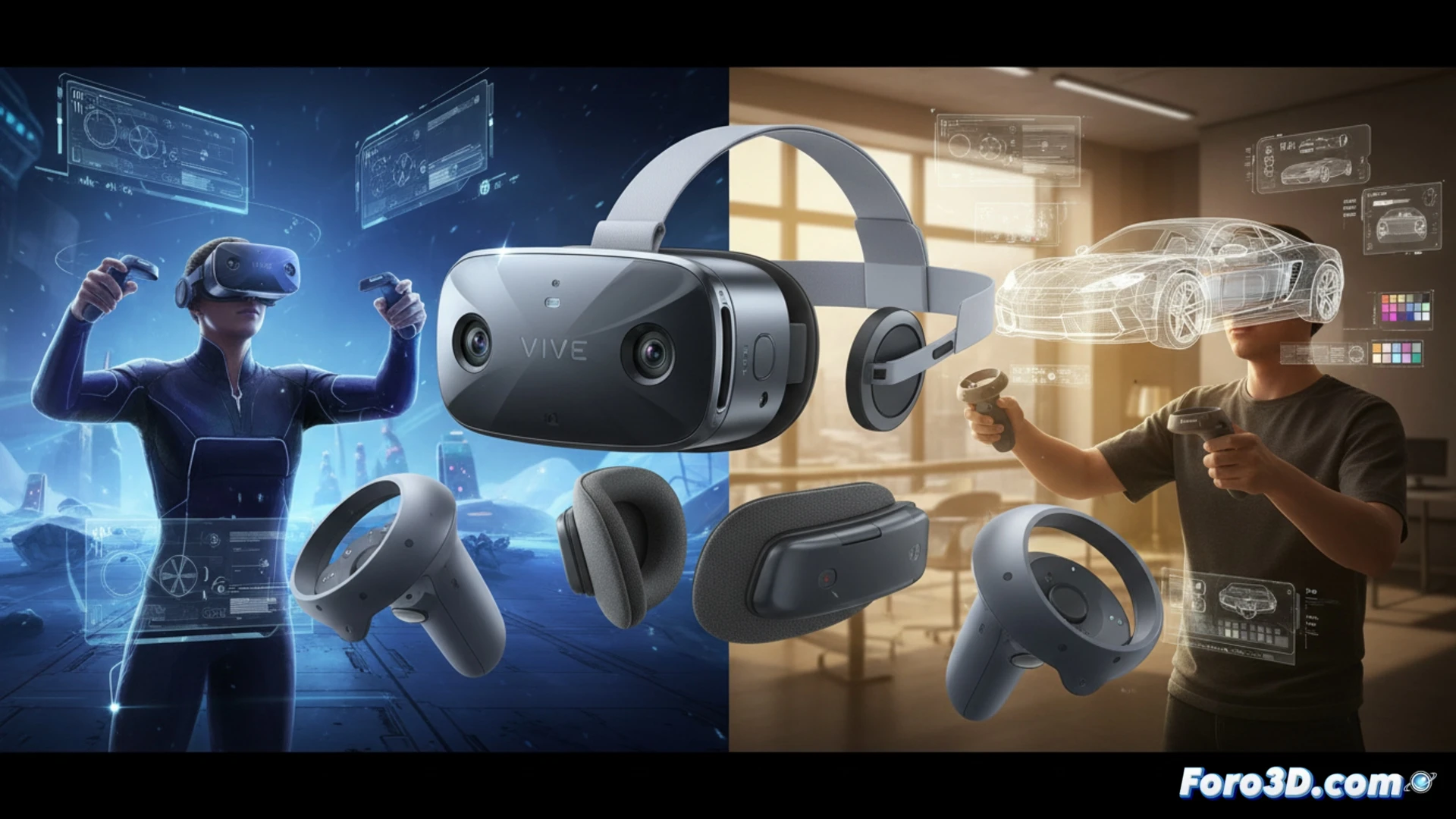 industrial designer wearing HTC Vive XR Elite headset, hands manipulating a floating 3D car engine model in augmented reality, translucent holographic wireframe overlays and component labels, workshop environment with 3D printer and CAD workstation in background, dynamic pose showing rotation gesture, realistic lighting casting shadows from the headset, photorealistic engineering visualization, metallic and glass textures, cinematic depth of field, ultra-detailed ergonomic headset design