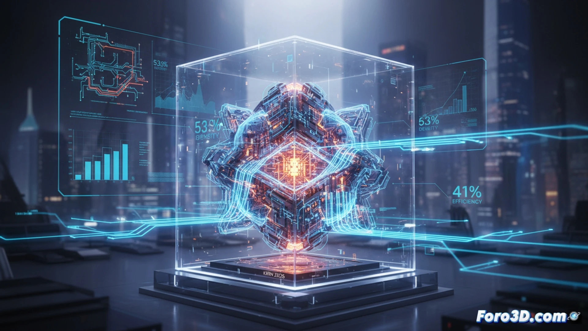 photorealistic engineering visualization of a semiconductor wafer cross-section, glowing signal pathways reorganizing into folded logic gates, transistor layers being compressed by invisible force while red laser measurement lines track reduced internal distances, density increase shown through tightly packed circuit nodes, dramatic blue and orange lighting on metallic wafer surface, ultra-detailed chip architecture with LogicFolding structures, cinematic technical illustration, high-contrast industrial shadows, cleanroom environment with robotic arms positioning the wafer