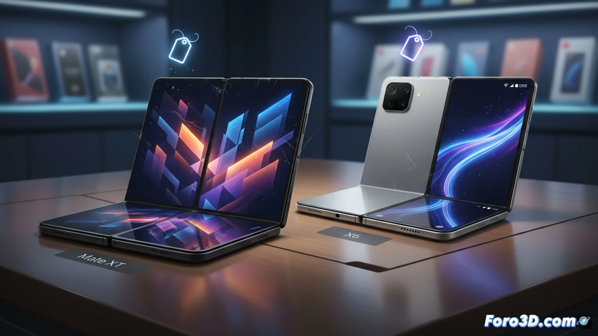 Huawei Mate XT y Mate X6 plegables siendo inspeccionados en un taller de reacondicionamiento, técnico con guantes sostiene una pantalla flexible desplegada mientras una lupa iluminada examina la bisagra de titanio, estación de trabajo con microscopio digital y software de diagnóstico mostrando gráficos de batería en pantalla, cajas de cartón etiquetadas con sellos de restaurado apiladas al fondo, luces LED blancas frías sobre mesa antestática, superficies reflectantes de vidrio y metal, techn