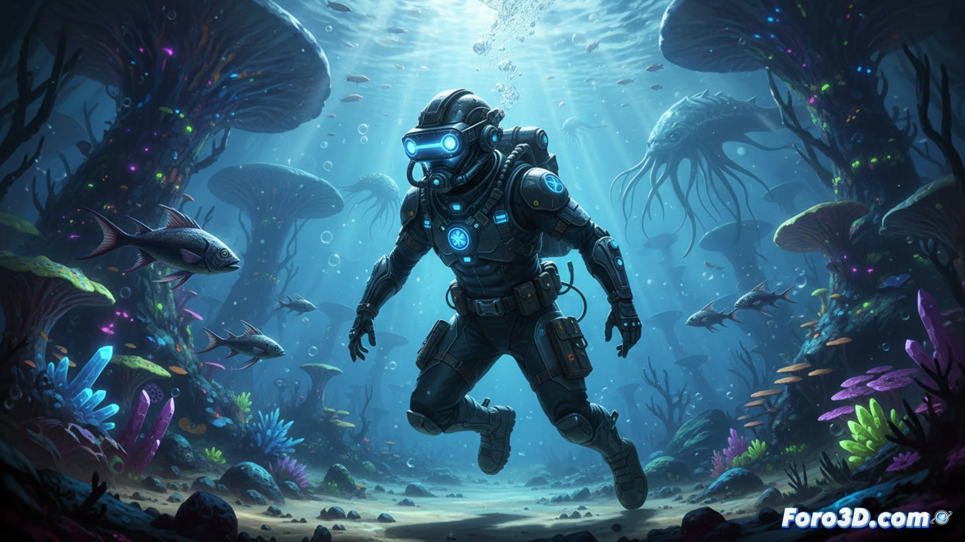 Captura de Hubris VR mostrando un buceador frente a una criatura alienígena en un arrecife bioluminiscente submarino