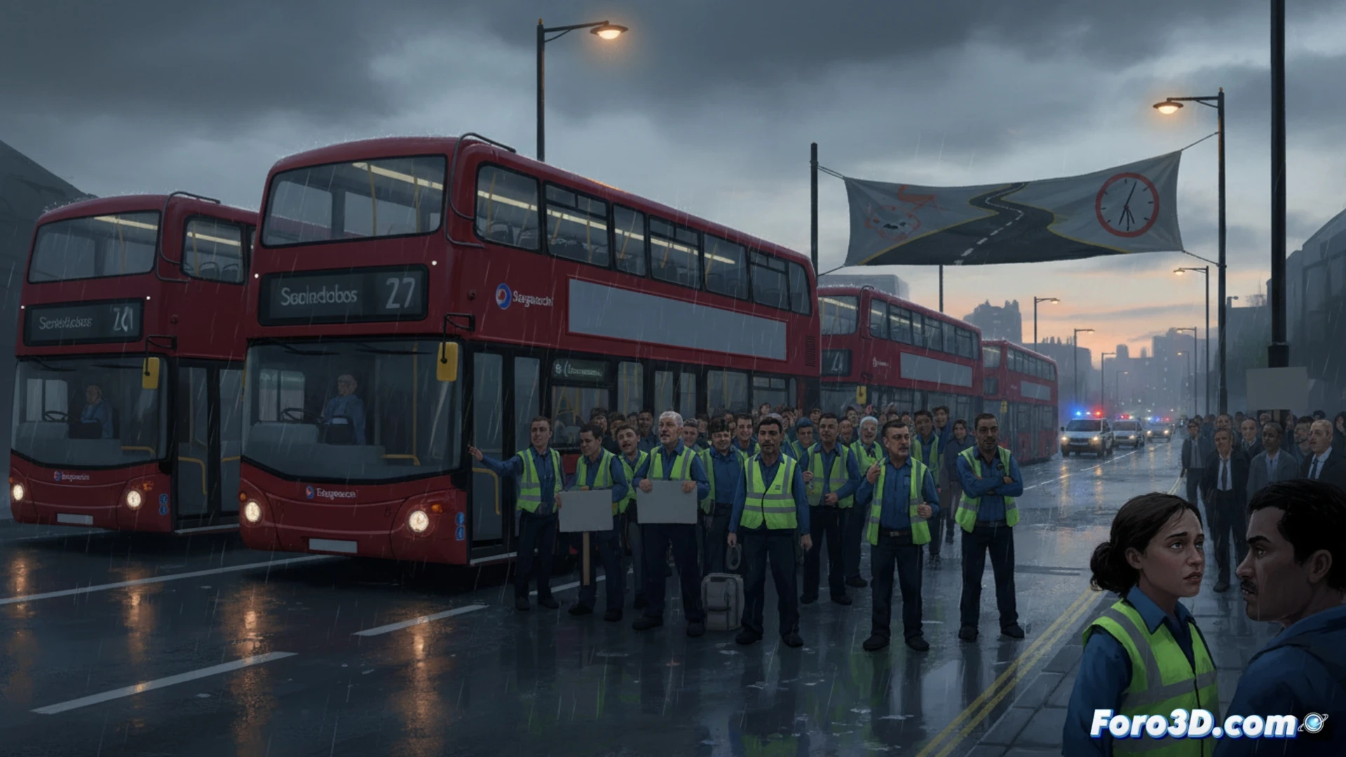 double-decker bus interior at night, driver slumped over steering wheel in exhaustion, digital fatigue monitor on dashboard showing red warning symbols, empty driver seat with safety harness unbuckled, dashboard clock displaying late hour, route map screen with seven highlighted east London routes marked as cancelled, steering wheel gripped tightly, tired eyes reflected in rearview mirror, dim cabin lighting, tense atmosphere, cinematic photorealistic style, dramatic shadows, ultra-detailed textures on seats and controls, realistic skin texture and sweat on driver face, industrial blue-white LED glow from dashboard