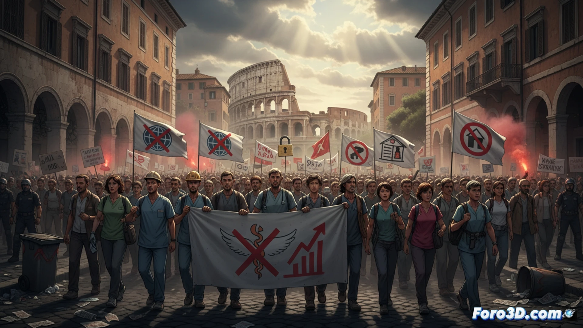massive crowd of striking workers filling a Roman piazza, clenched fists raised while holding union flags and placards, railway workers in orange safety vests standing beside idle trains at Termini station, hospital staff in white coats and stethoscopes joining the protest, school teachers with books and banners, police barriers at the edge of the square, smoke flares in red and green, dramatic overcast sky with light rays breaking through, photorealistic cinematic documentary style, wide-angle lens capturing dense human movement, ultra-detailed faces expressing anger and determination, industrial urban backdrop with ancient architecture