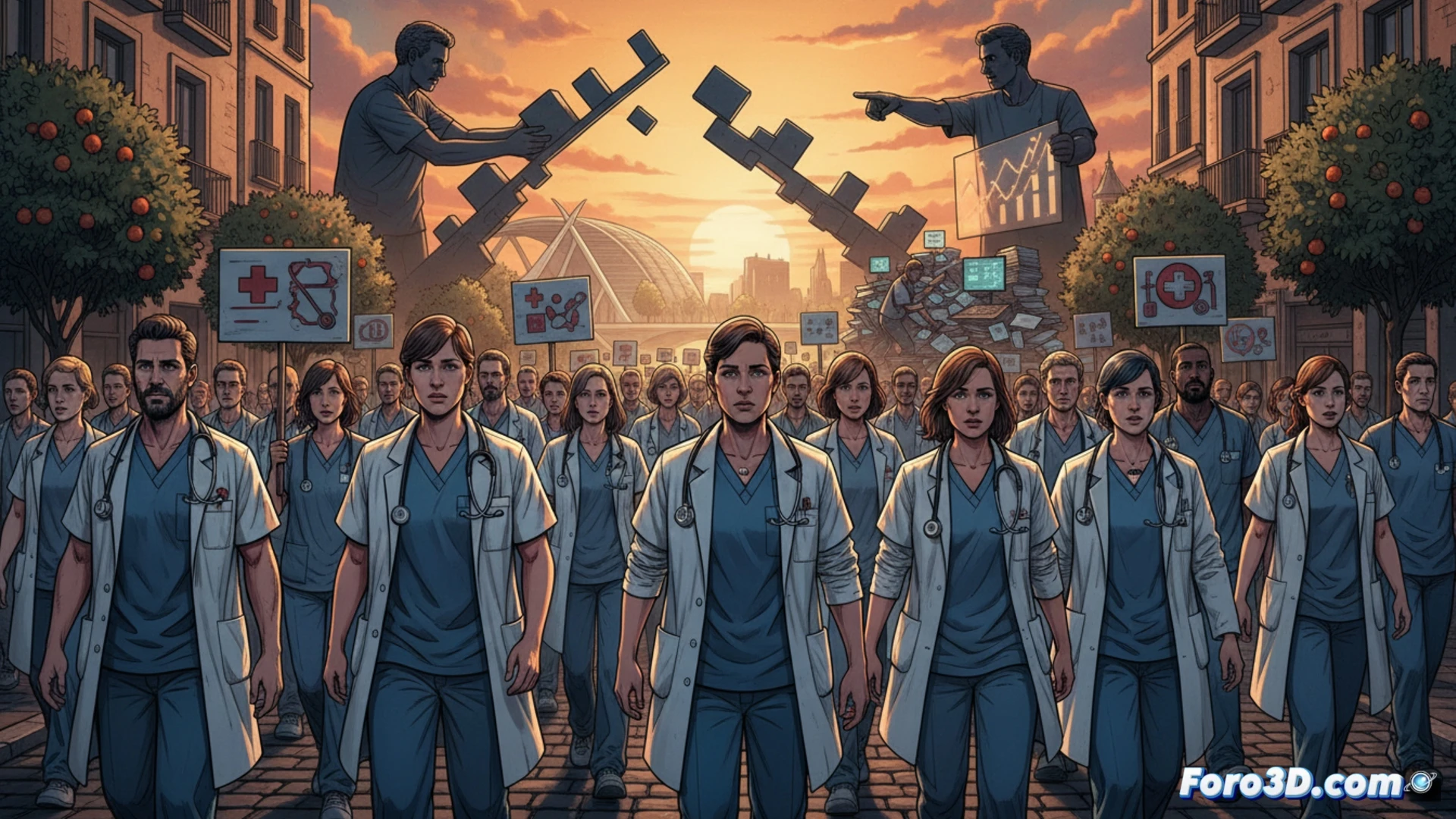 hospital emergency room interior, doctors in white coats standing together in protest near empty consultation desks, medical monitors displaying flat vital signs, surgical tools laid out unused on sterile trays, broken medical equipment cables hanging from ceiling mounts, scattered patient files on floor, tense confrontation between striking physicians and hospital administrators in suits, cinematic photorealistic style, cold fluorescent lighting, dramatic shadows, cluttered workstations, exhausted expressions, documentary film aesthetic, high detail medical environment, wide angle lens perspective