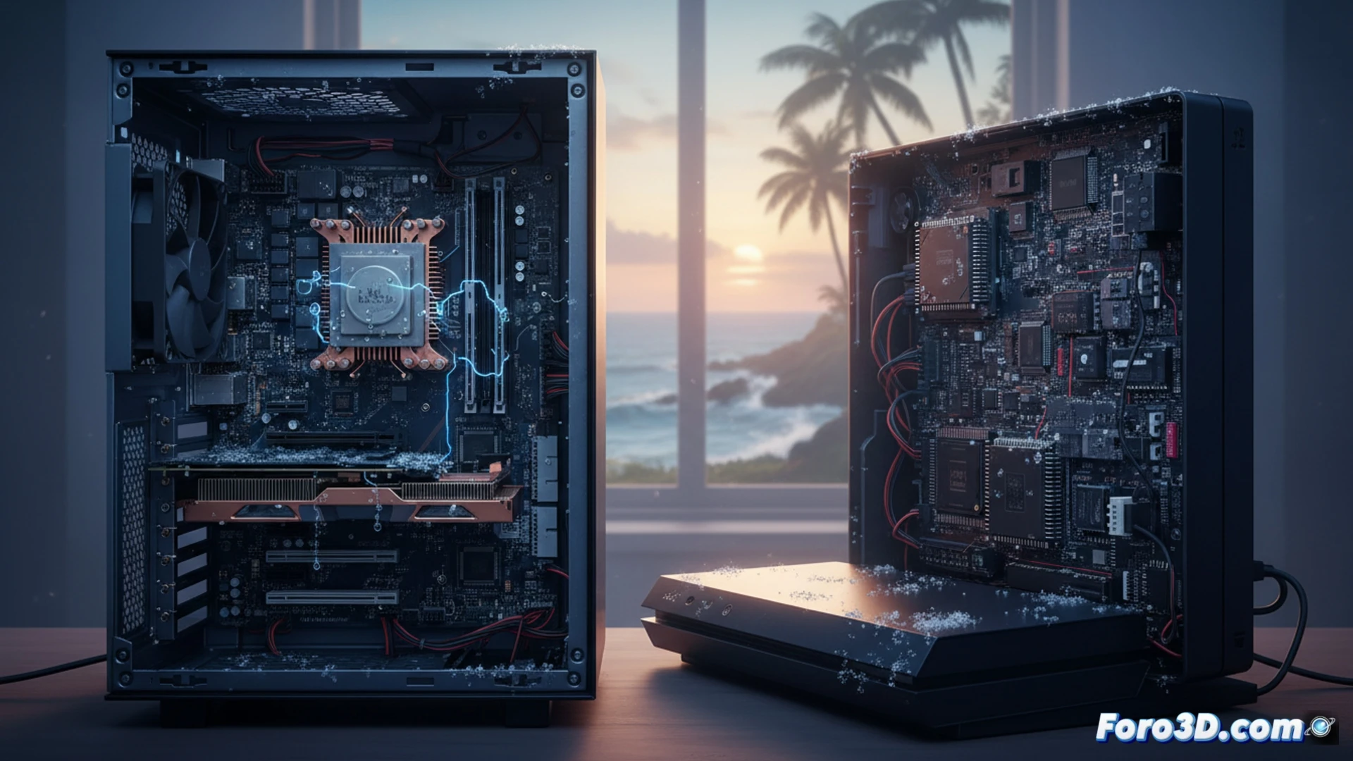 Un monitor gaming muestra un mapa de costa. Cables oxidados y gotas de salitre amenazan una PC frente al mar.