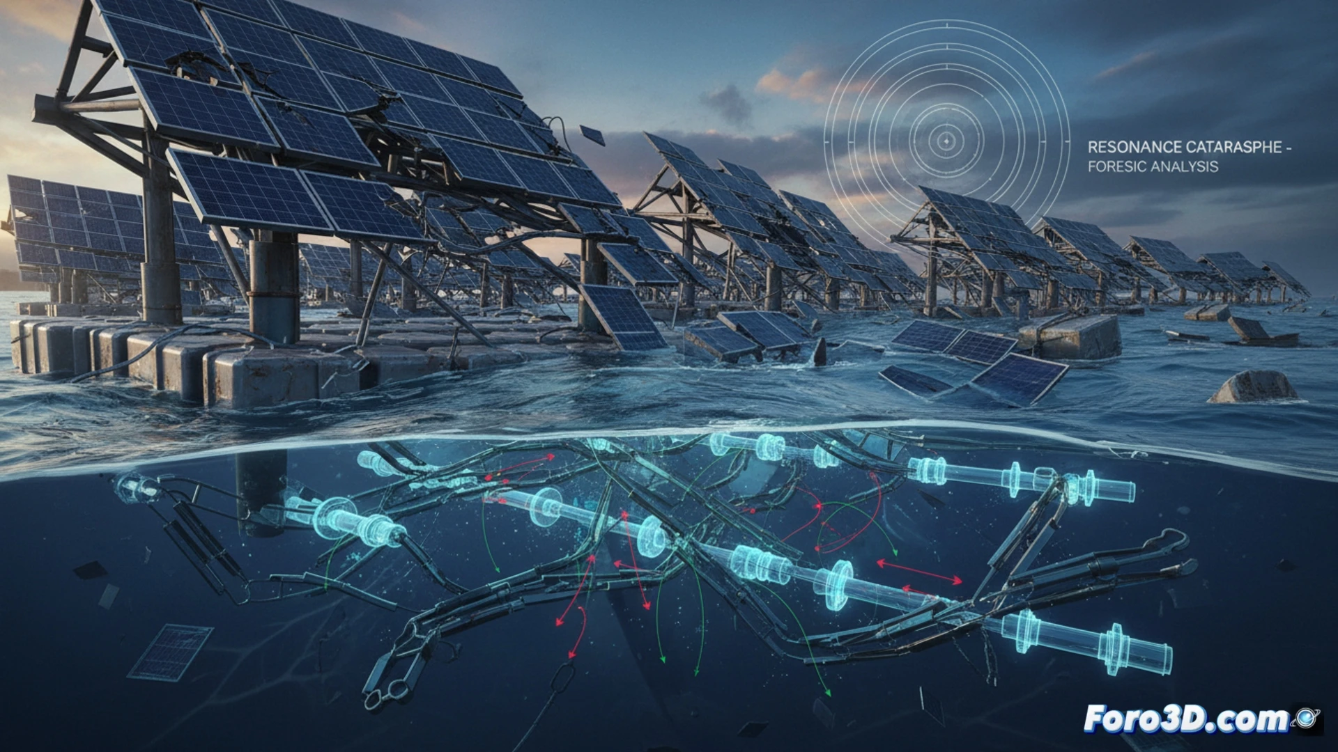 simulación 3D de granja solar flotante hundiéndose por resonancia en oleaje marino