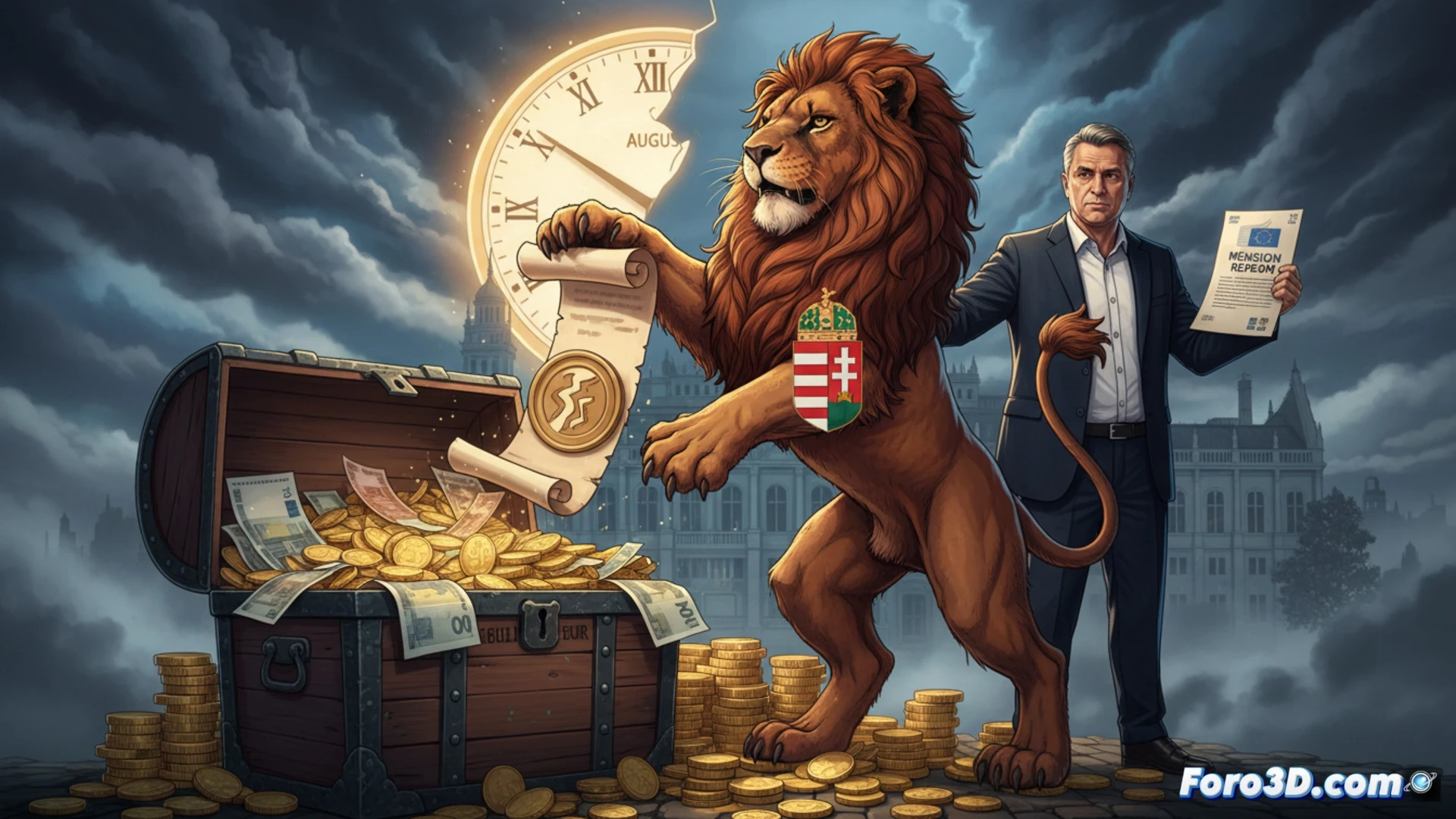 European Union parliament chamber, Hungarian delegate standing firm at negotiation table while EU officials point at frozen fund documents, 17 billion euro padlock icon hovering above, pension reform papers being torn in half, technical illustration style, realistic political meeting room, tense diplomatic atmosphere, dramatic overhead lighting, polished wooden table reflecting documents, ultra-detailed facial expressions, photorealistic architectural render