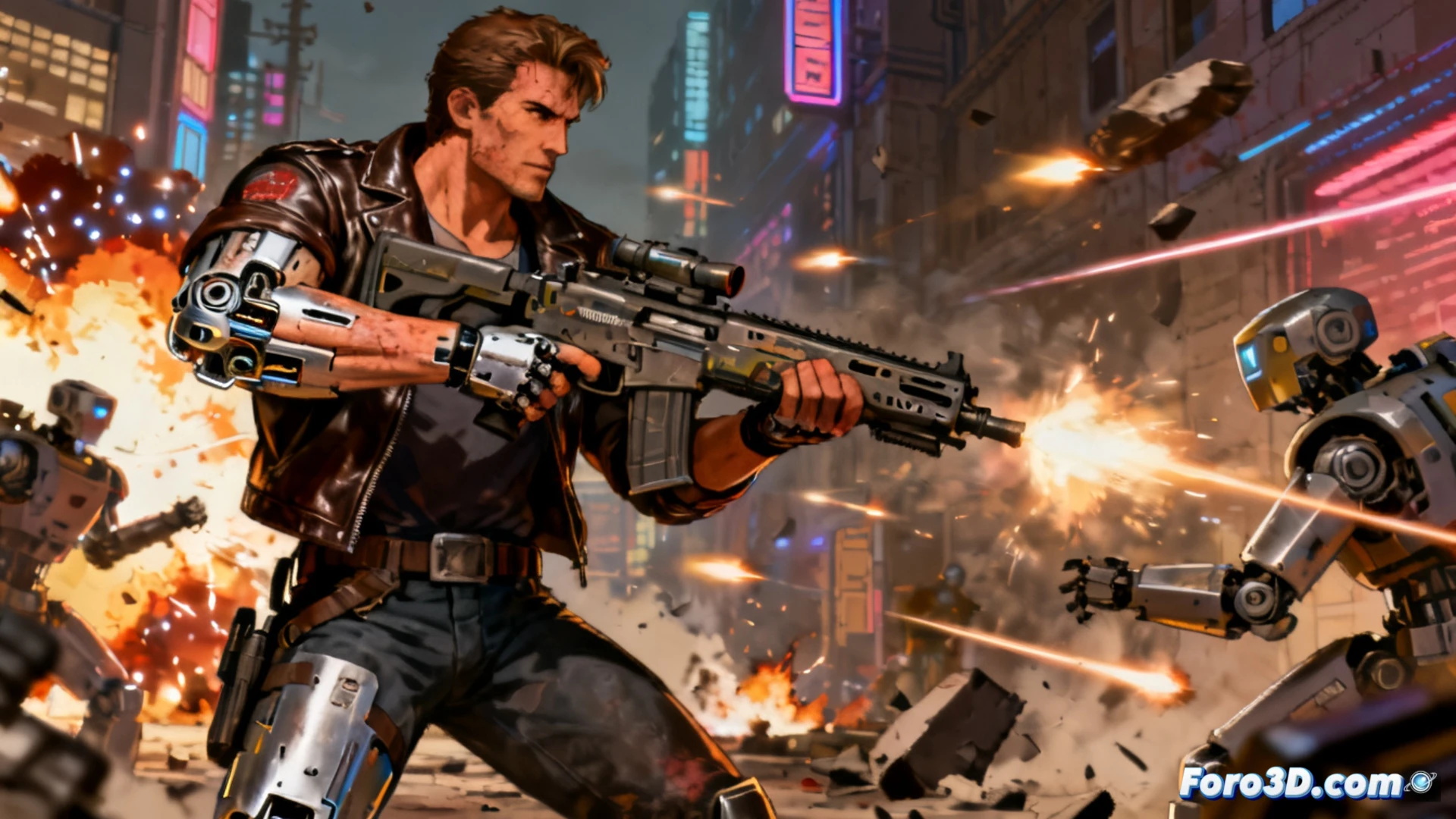 Ilustración pixelada de John Sawyer, cazarrecompensas, en un tiroteo nocturno. Destellos de balas, neón ochentero y una cibermejora brillante en su brazo robótico.