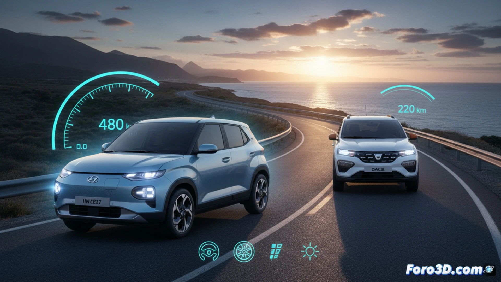 Comparativa frontal del Hyundai INSTER y Dacia Spring, con etiquetas de precio y autonomía destacadas.