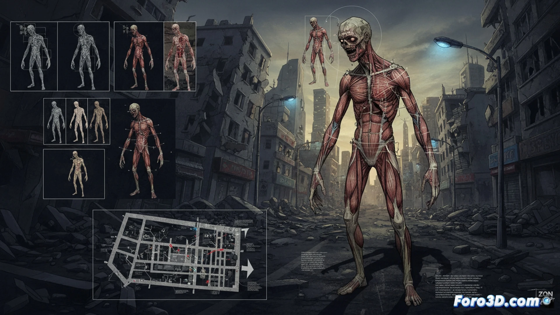 Escena urbana apocaliptica con zombi ZQN de anatomia deformada y rostro grotesco en Tokio abandonado