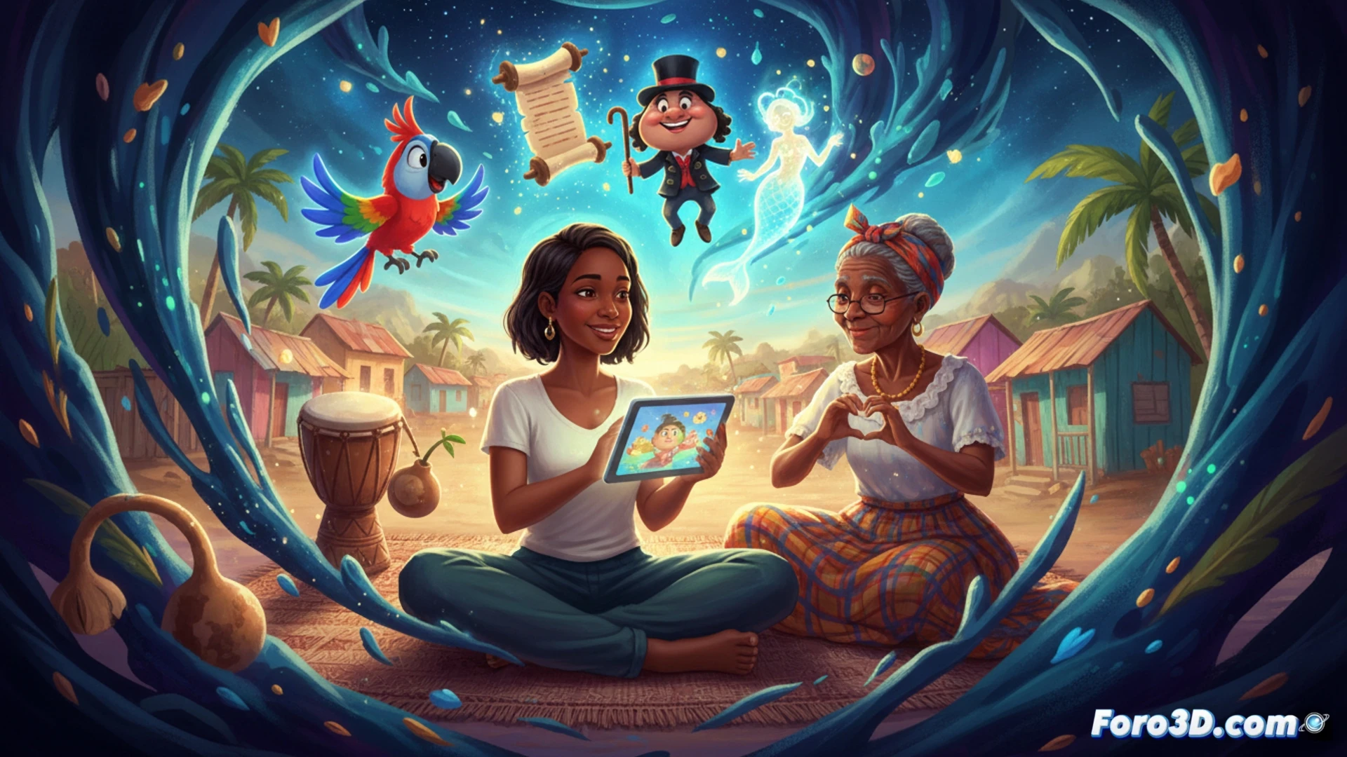 A grandmother’s weathered hands holding a glowing tablet, animated cartoon characters emerging from the screen as colorful floating sketches, a young woman’s silhouette watching while oral storytelling symbols like glowing lips and sound waves dissolve into digital pixels, cozy Caribbean porch setting with warm lantern light, cinematic storytelling visualization, traditional wooden rocking chair beside a laptop with animation timeline visible, cultural folktale elements blending into modern cartoon style, dramatic warm sunset lighting, ultra-detailed fabric textures and glowing screen reflections, photorealistic cultural render