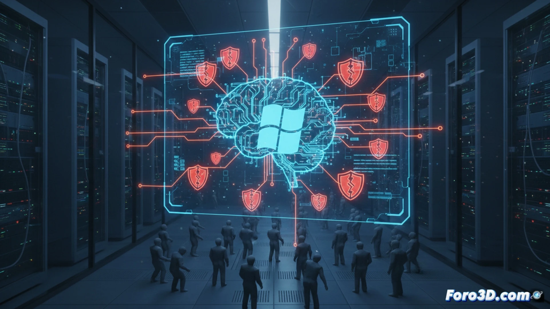 Una IA de Microsoft ilumina un mapa digital de Windows con 16 puntos rojos de vulnerabilidad, mientras un escudo verde marca las correcciones.