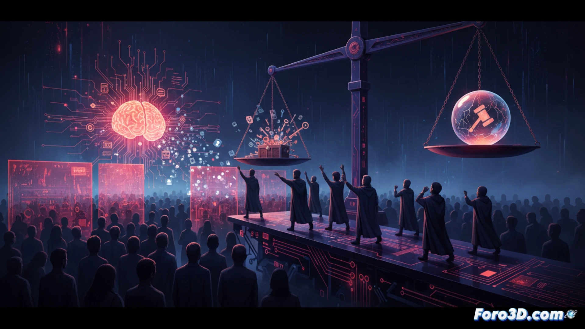 corporate office divided by a glass wall, one side showing a small group of elite employees attending an advanced AI training session with holographic dashboards and neural network diagrams, the other side showing hundreds of regular workers using basic terminals with exposed data streams floating unprotected, a glowing AI core in the center with security padlocks breaking apart, cinematic technical illustration, photorealistic corporate environment, dramatic overhead lighting, data cables tangling across the floor, cybersecurity warning symbols flickering on screens, sharp contrast between illuminated training area and dark vulnerable workspace, ultra-detailed hardware and software interfaces