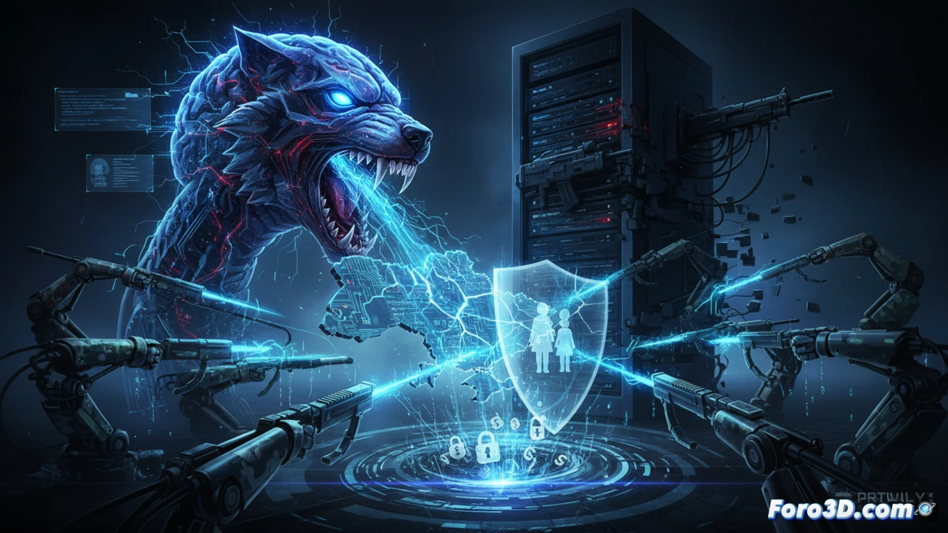 digital battlefield command center, glowing holographic map of Ukraine with cascading red cyberattack vectors, multiple AI neural network nodes actively targeting civilian infrastructure, cracked smartphone screens displaying privacy breach warnings, floating ransomware code fragments, server racks overheating with warning indicators, hooded figure operating advanced hacking terminal, contrast between offensive cyber weapons and defensive firewall barriers, cinematic technical illustration, dramatic red and blue lighting, motion blur on data streams, photorealistic engineering visualization, ultra-detailed circuit board textures, surveillance camera lenses reflecting binary code
