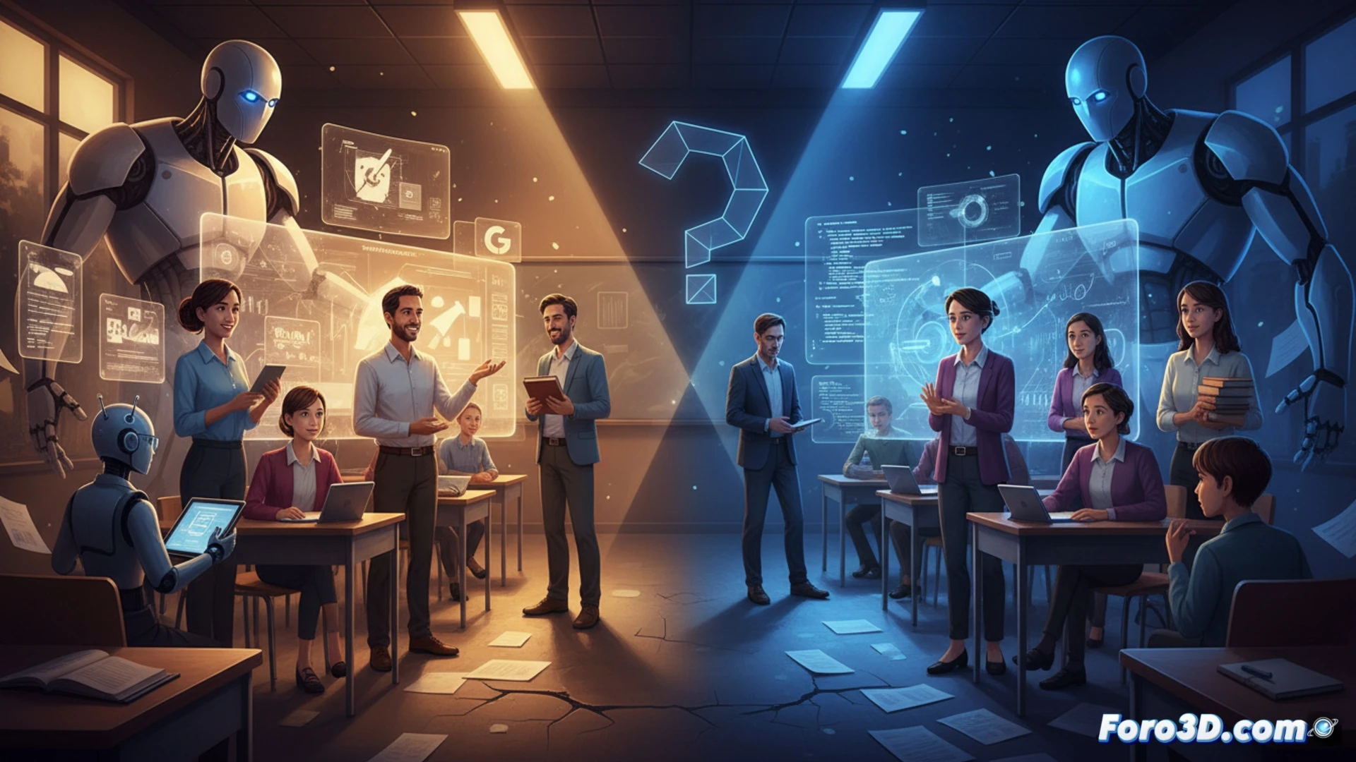futuristic classroom scene, middle-aged teacher adjusting augmented reality glasses while standing at a holographic whiteboard, glowing Gemini AI interface projecting customizable lesson plans and adaptive worksheets onto transparent screens, floating digital icons of grading rubrics and curriculum templates surrounding a tablet, students in background interacting with AI-generated content on laptops, warm natural light from windows contrasting with cool blue LED strips from smart devices, cinematic photorealistic style, teacher's hand gesturing towards a glowing AI assistant icon, subtle tension between human guidance and automated tools, ultra-detailed textures on wooden desks and metal tablet stands, soft bokeh effect on classroom shelves