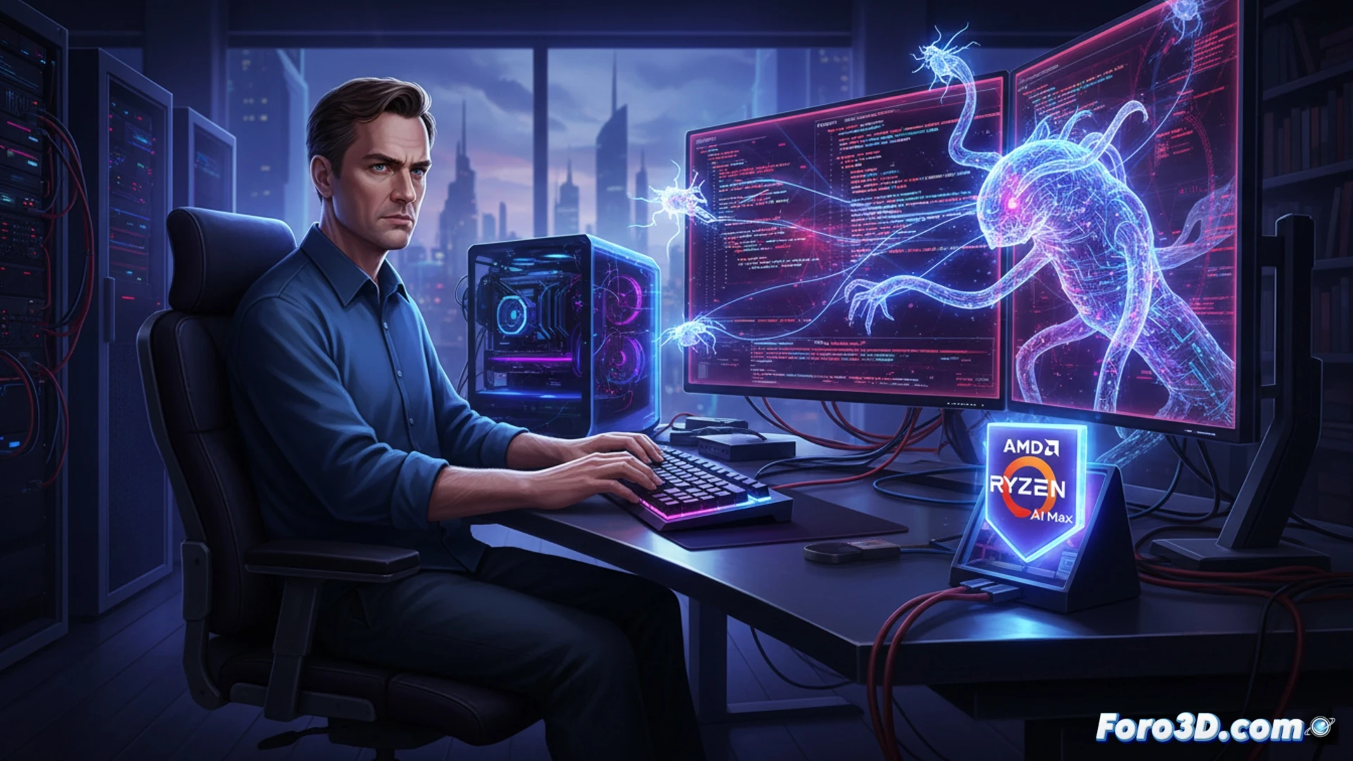 AI-powered fuzzing tool scanning Linux kernel source code on a Framework Desktop with AMD Ryzen AI Max, error detection process shown as glowing red bug icons being targeted by automated test injections, kernel code lines scrolling on monitor, motherboard with AI accelerator chip visible, engineering visualization style, dark tech lab lighting with blue and amber LEDs, photorealistic hardware details, dramatic shadows highlighting CPU and memory modules