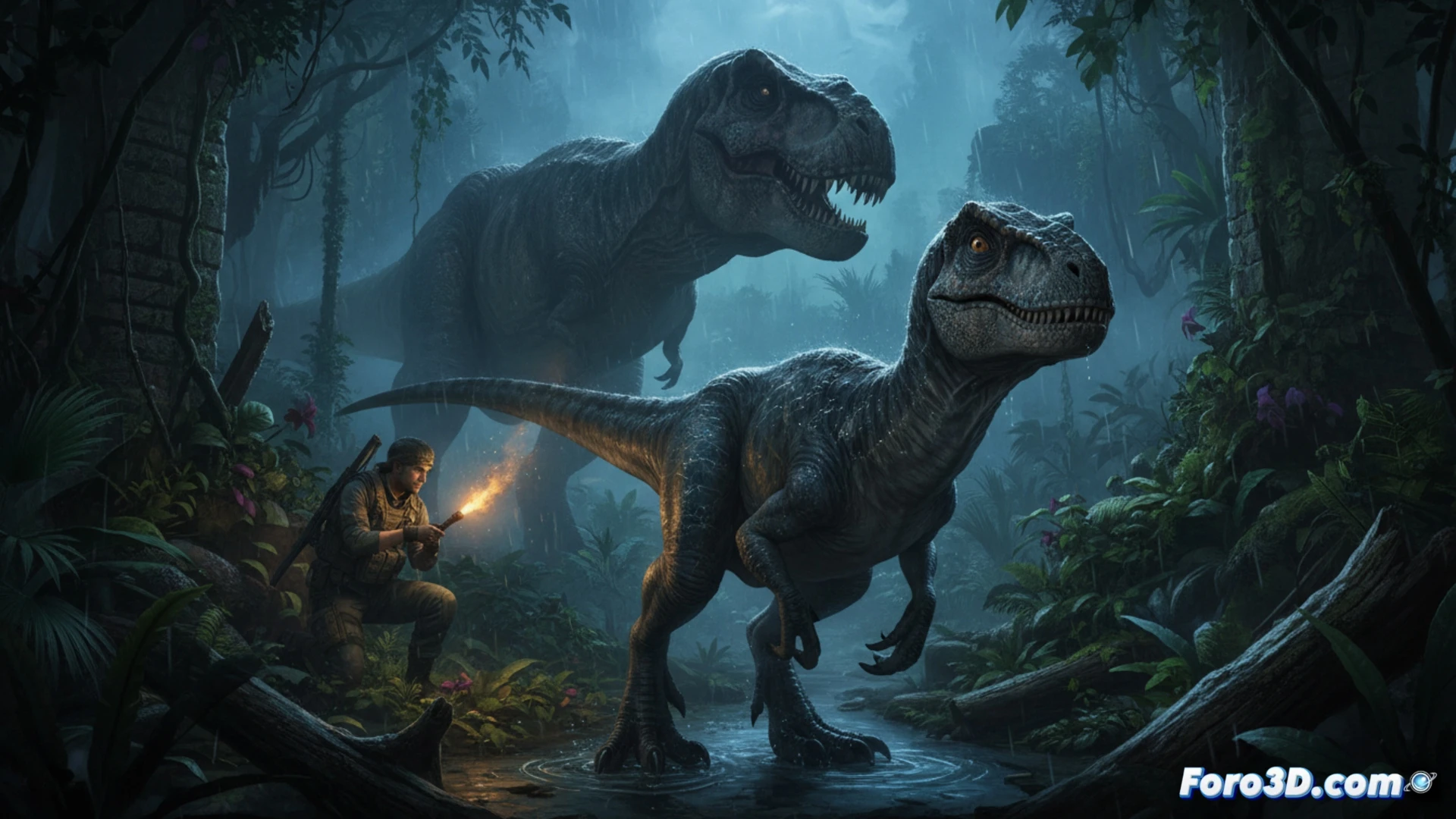 Escena nocturna de dinosaurio carnívoro acechando entre helechos iluminados por linterna en Unreal Engine 4