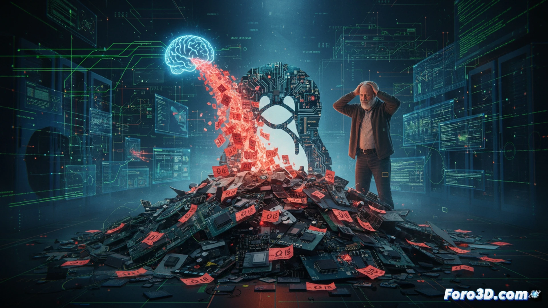 A massive digital avalanche of identical AI-generated bug reports flooding a Linux kernel security mailing list interface, multiple robotic hands typing simultaneously on keyboards while glowing duplicate error icons cascade down a screen, kernel source code scrolling rapidly in background, Linus Torvalds silhouette standing overwhelmed before a chaotic server rack, duplicate warning symbols multiplying exponentially, technical illustration style, dark industrial lighting, red alert indicators flashing, photorealistic engineering visualization, wires and cables tangled under desk, intense atmosphere of digital overload
