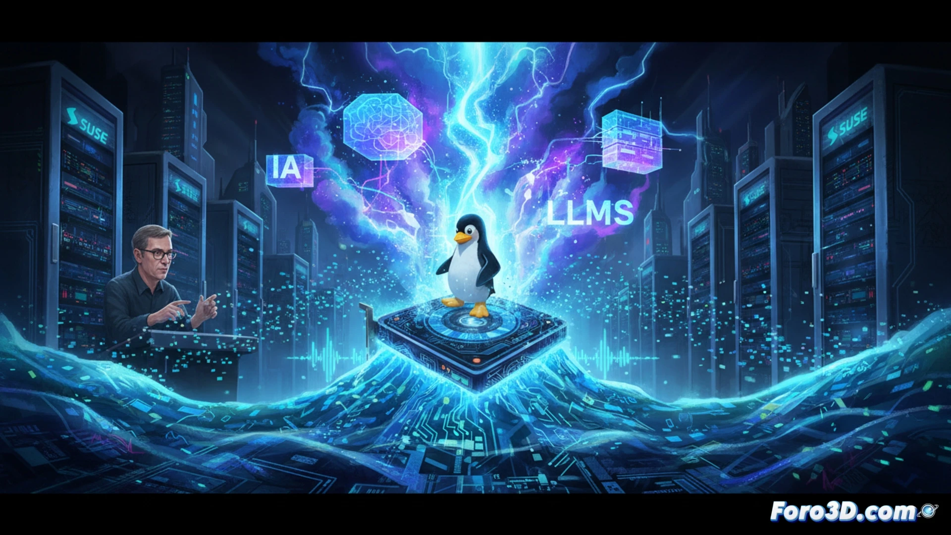 Linux sound subsystem kernel patch flood, multiple small AI-generated patches streaming into a terminal window, developer workstation showing patch review interface with green and red lines, audio hardware components on desk like sound card and oscilloscope, glowing data streams from LLM tools feeding into kernel code, cinematic engineering visualization, dark room with blue ambient light, glowing code syntax highlighting, ultra-detailed electronic components, photorealistic technical render