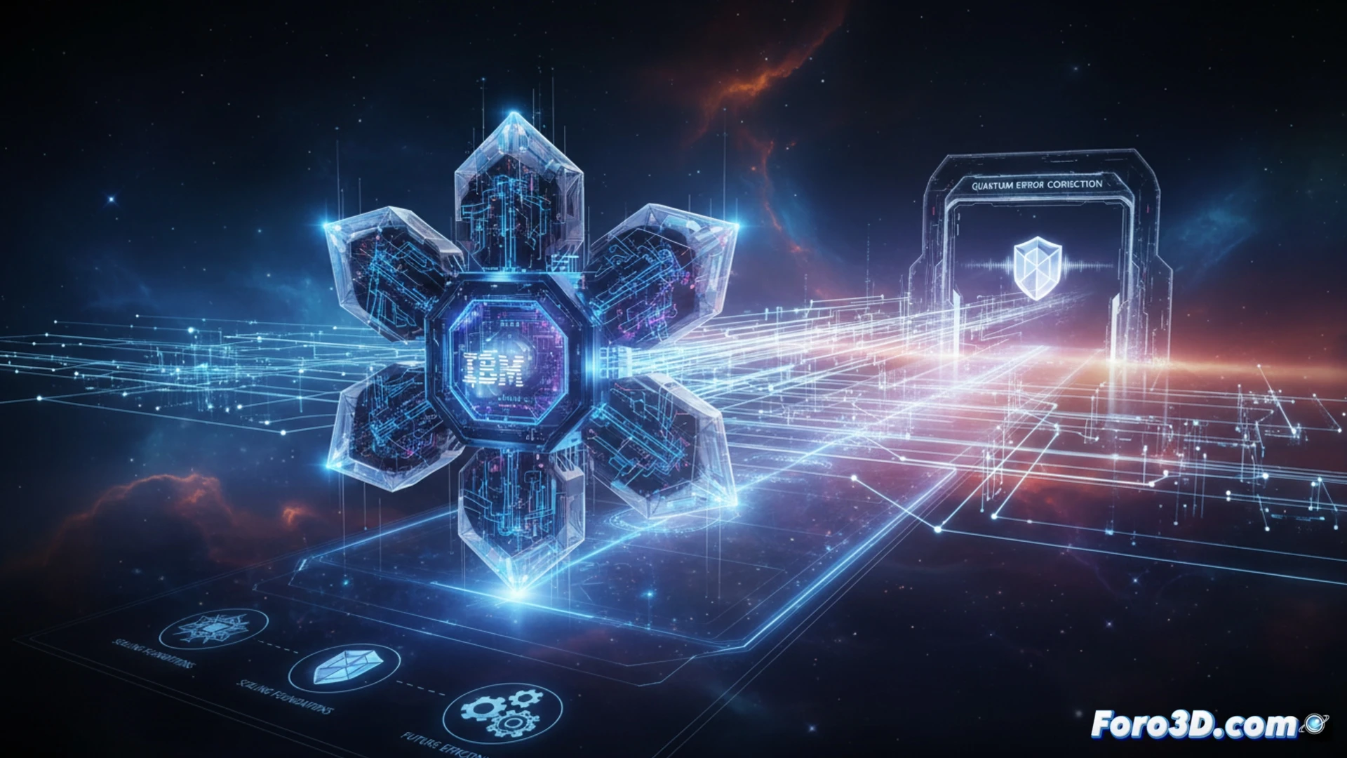 Puce quantique supraconductrice Condor avec 1 121 qubits disposés en réseau hexagonal, câblage cryogénique descendant de plusieurs étages de réfrigérateur à dilution, ingénieurs ajustant les lignes de contrôle micro-ondes tandis qu'une superposition holographique de code de correction d'erreurs pulse au-dessus du processeur, surfaces métalliques dorées reflétant une lumière bleue froide, visualisation technique d'ingénierie montrant les voies de connectivité des qubits, rendu industriel photoréaliste avec éclairage latéral dramatique, liaisons par fils et jonctions Josephson ultra-détaillées visibles, environnement de laboratoire futuriste