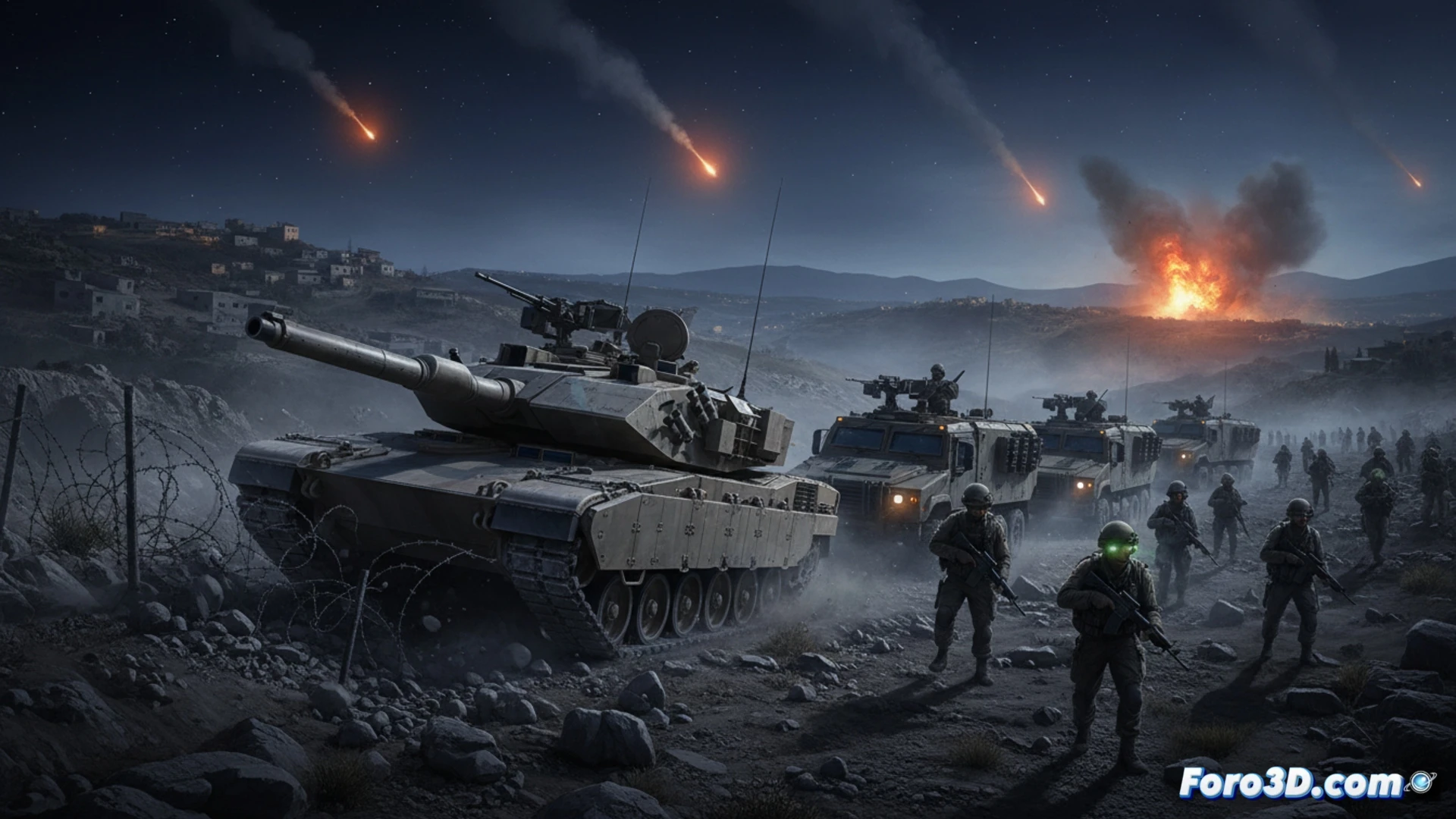 IDF armored vehicles crossing a destroyed border fence into southern Lebanon, dust clouds rising from tank tracks on a dirt road, military drones hovering overhead, soldiers moving through tall grass near a concrete watchtower, nighttime scene with flares illuminating the landscape, smoke from distant artillery strikes, photorealistic cinematic war journalism style, dramatic chiaroscuro lighting, ultra-detailed tactical gear, motion blur on moving vehicles, realistic Middle Eastern terrain with olive trees, high-contrast military green and grey palette, gritty documentary texture