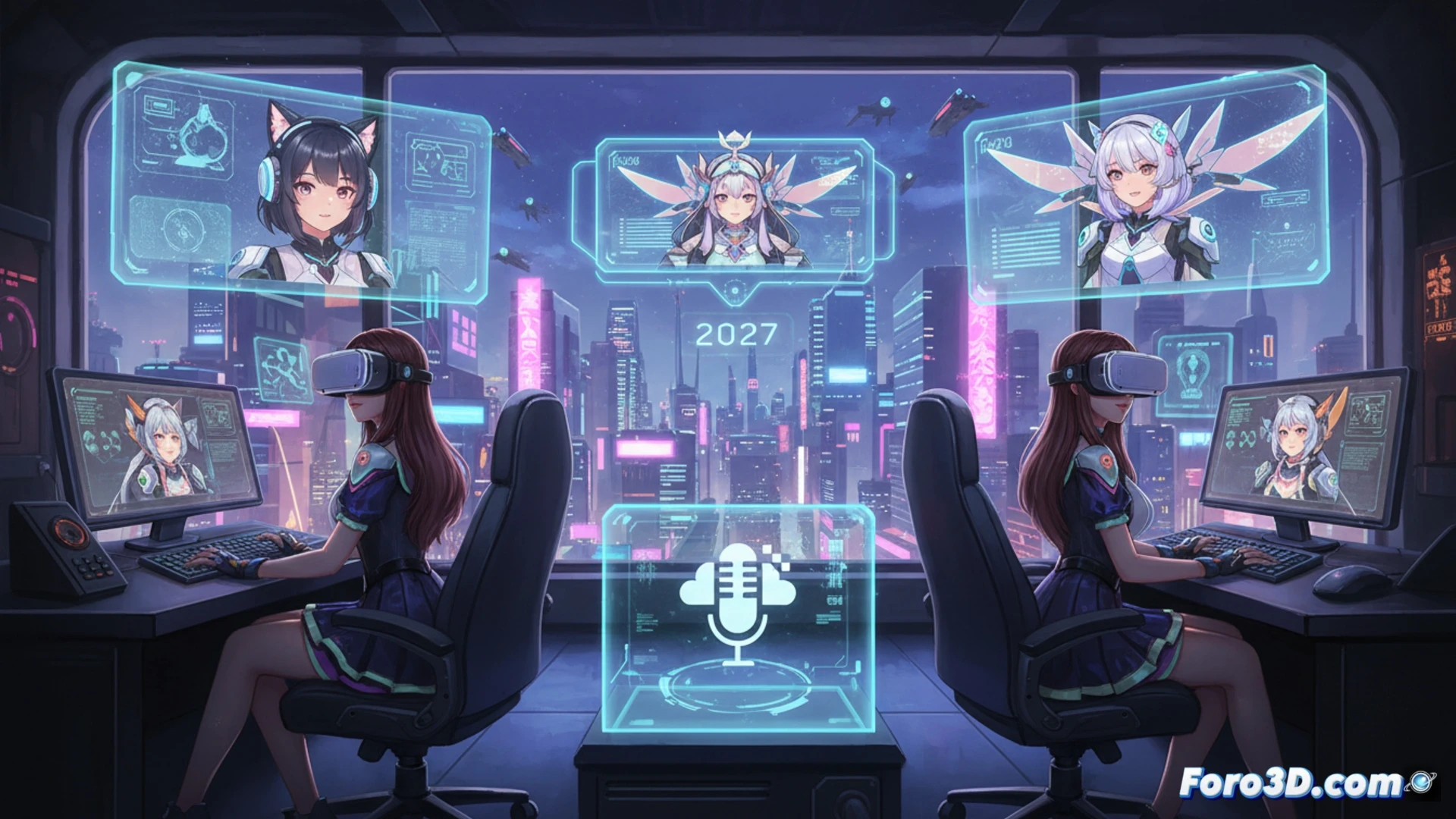 Un gestor de idols mira un holograma de una vtuber virtual, rodeado de pantallas con gráficos de streaming en una oficina futurista de 2027.