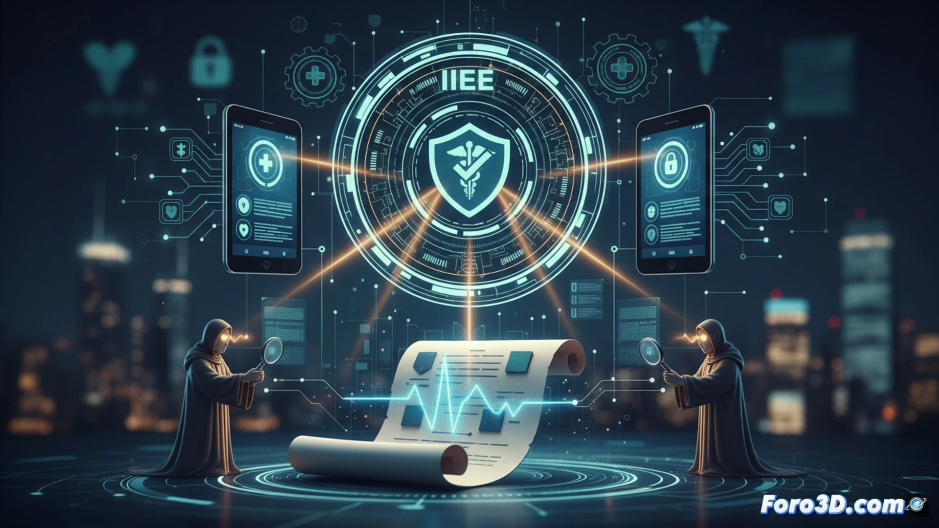 medical app certification process, a smartphone screen displaying a complex regulatory compliance checklist with green checkmarks, IEEE-certified seal hologram floating above the device, developer workstation in background showing code editor and medical data privacy diagrams, hands of an engineer holding a tablet while reviewing encrypted patient data, technical verification tools like digital magnifying glass and compliance meter visible, clean clinical environment with soft blue lighting, photorealistic engineering visualization, ultra-detailed user interface elements, professional medical technology atmosphere