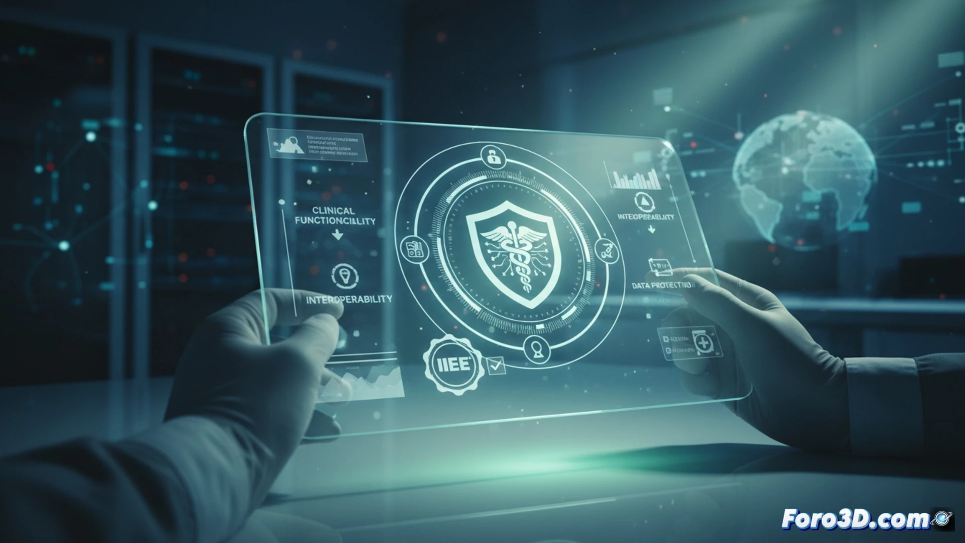 smartphone displaying medical app certification badge while a digital stethoscope and tablet show patient data encryption icons, hospital room background with doctor monitoring vital signs on a screen, technical illustration style, glowing blue security shield symbol over the app interface, data flow lines connecting devices demonstrating interoperability, clean clinical lighting, sharp focus on verification process, photorealistic medical technology render
