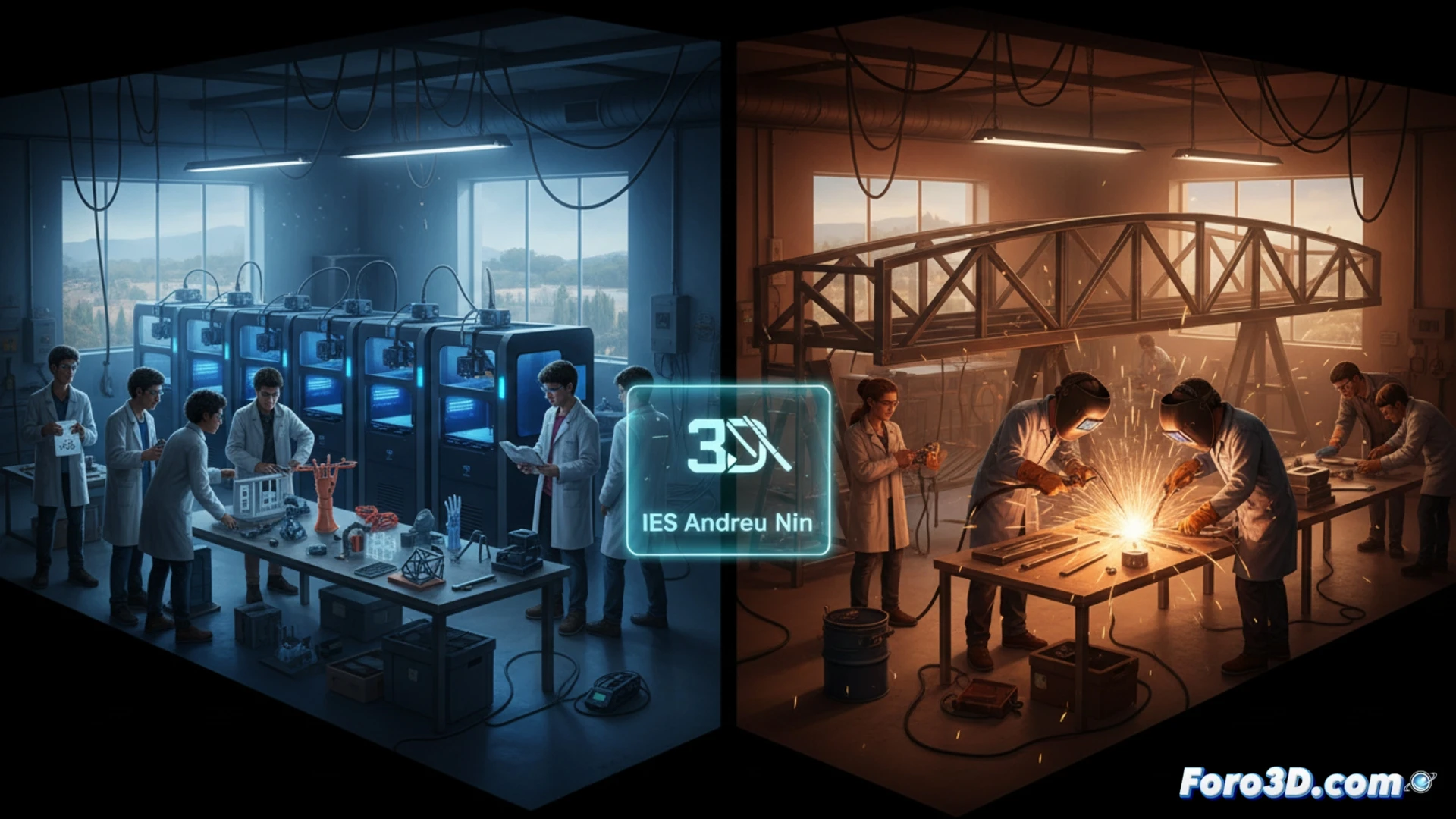 Industrial workshop scene with a student operating a 3D printer while another student in welding helmet performs arc welding on a metal sheet, sparks flying, printer extruding a complex mechanical gear layer by layer, soldering iron and caliper on workbench, blueprints and CAD interface visible on monitor, photorealistic technical illustration, dramatic side lighting, workshop environment with exhaust ducts and tool racks, sharp focus on hands and tools, metallic reflections, educational vocational training atmosphere