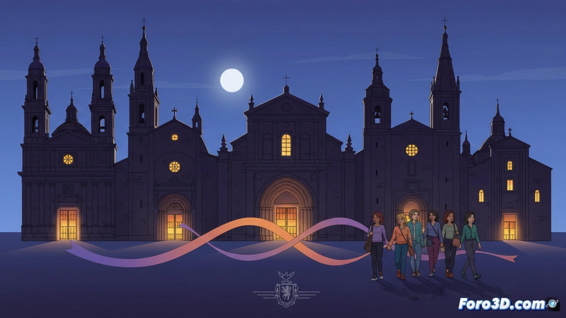 Una alcaldesa y un arzobispo firman un acuerdo en una iglesia iluminada, símbolo de refugio seguro contra la violencia de género.
