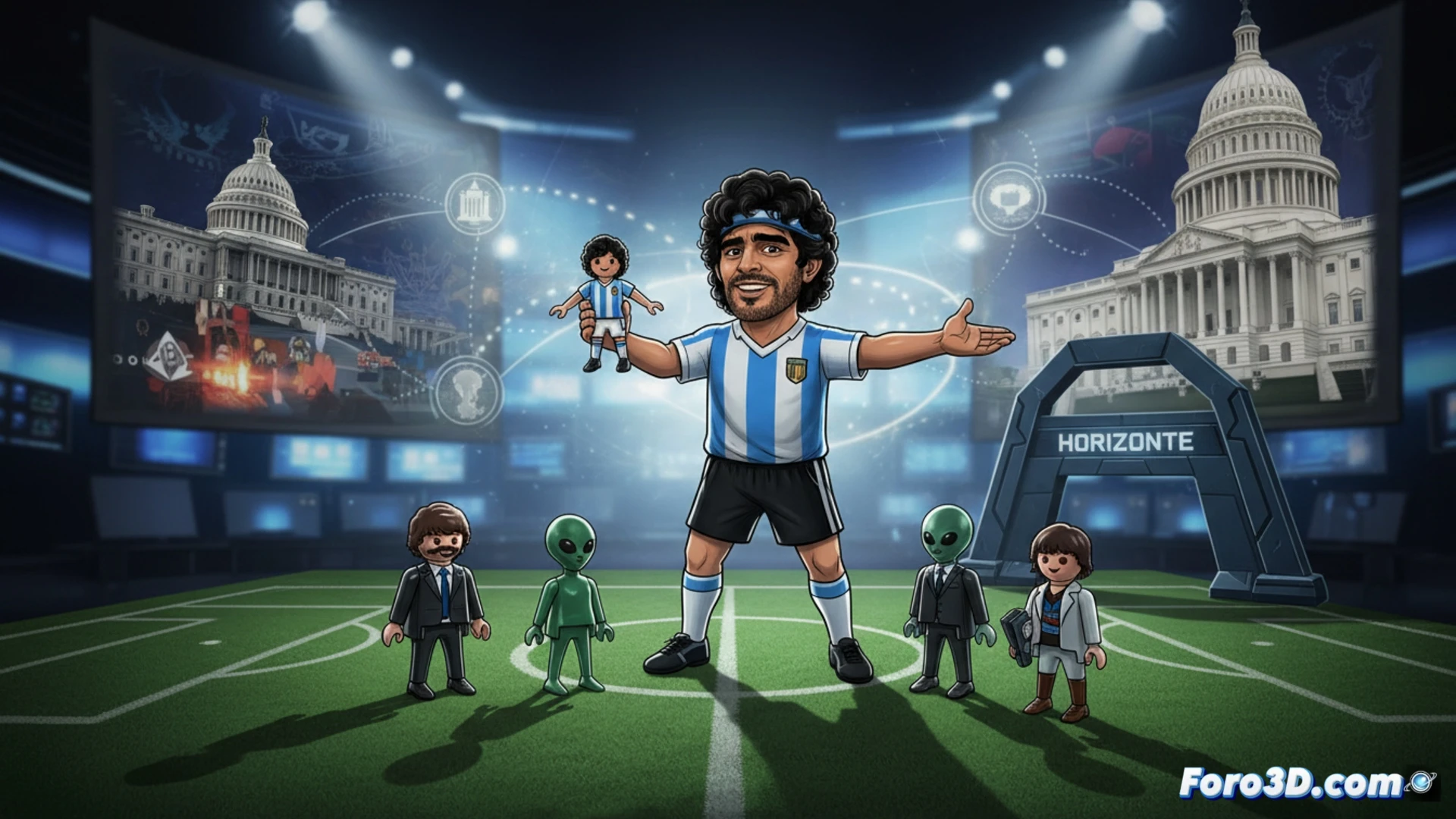 Four custom Playmobil figures arranged on a studio desk, each wearing a different football jersey: Boca Juniors, Barcelona, Napoli, Argentina. One figure holds a microphone while another gestures as if speaking. A smartphone on a tripod records the scene. Behind them, a laptop displays video editing software timeline. Cinematic lighting from a desk lamp casts dramatic shadows. Technical illustration style, photorealistic render, plastic toy textures visible, miniature set design, controlled studio environment, action of recording a promotional sketch, shallow depth of field.
