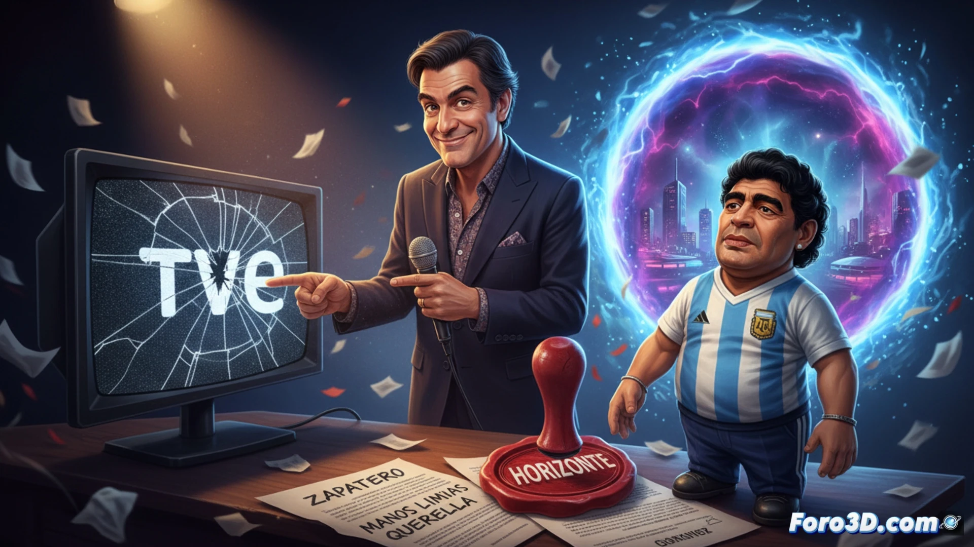 photorealistic cinematic scene showing a television studio control room, Iker Jiménez standing relaxed at a mixing console with a playful smirk, holding a TV remote pointed at a vintage CRT monitor displaying the TVE logo with static interference, a life-sized Maradona puppet in Argentina 86 kit seated on a director chair, puppet hand gesturing a perfect ten, green screen behind them showing Horizonte logo, studio lights casting dramatic shadows, cables and audio mixing equipment visible, ultra-detailed textures on puppet fabric and console buttons, high contrast lighting, engineering visualization style