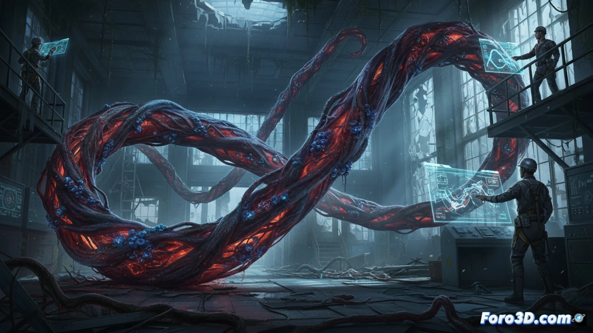 Un tentáculo biomecánico de 'The Vine' serpentea entre ruinas humeantes, con venas brillantes y textura orgánica, bajo una luz tenue y amenazante.