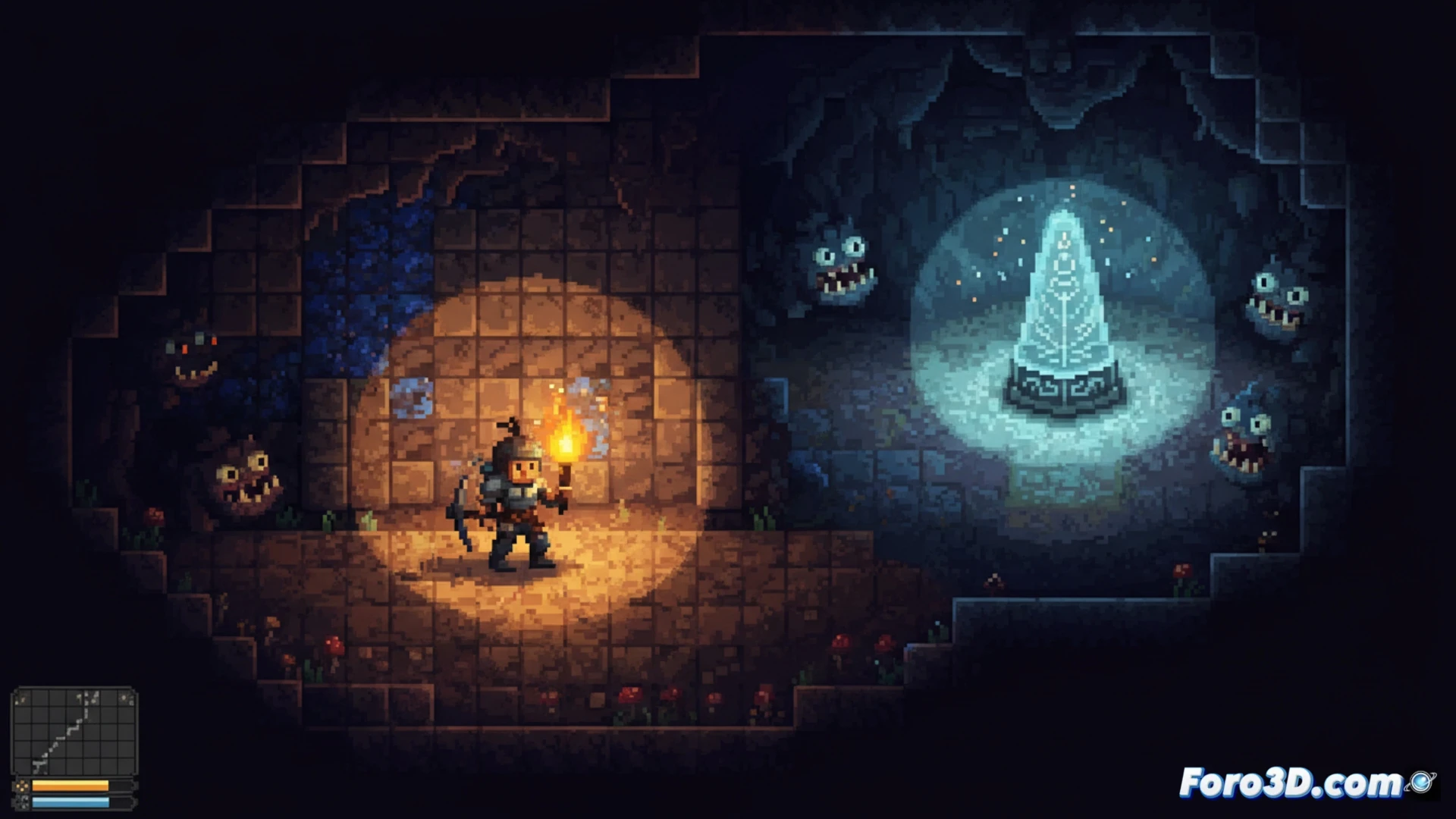 Iluminación dinámica en pixel art de Core Keeper con sombras en tiempo real en Unity