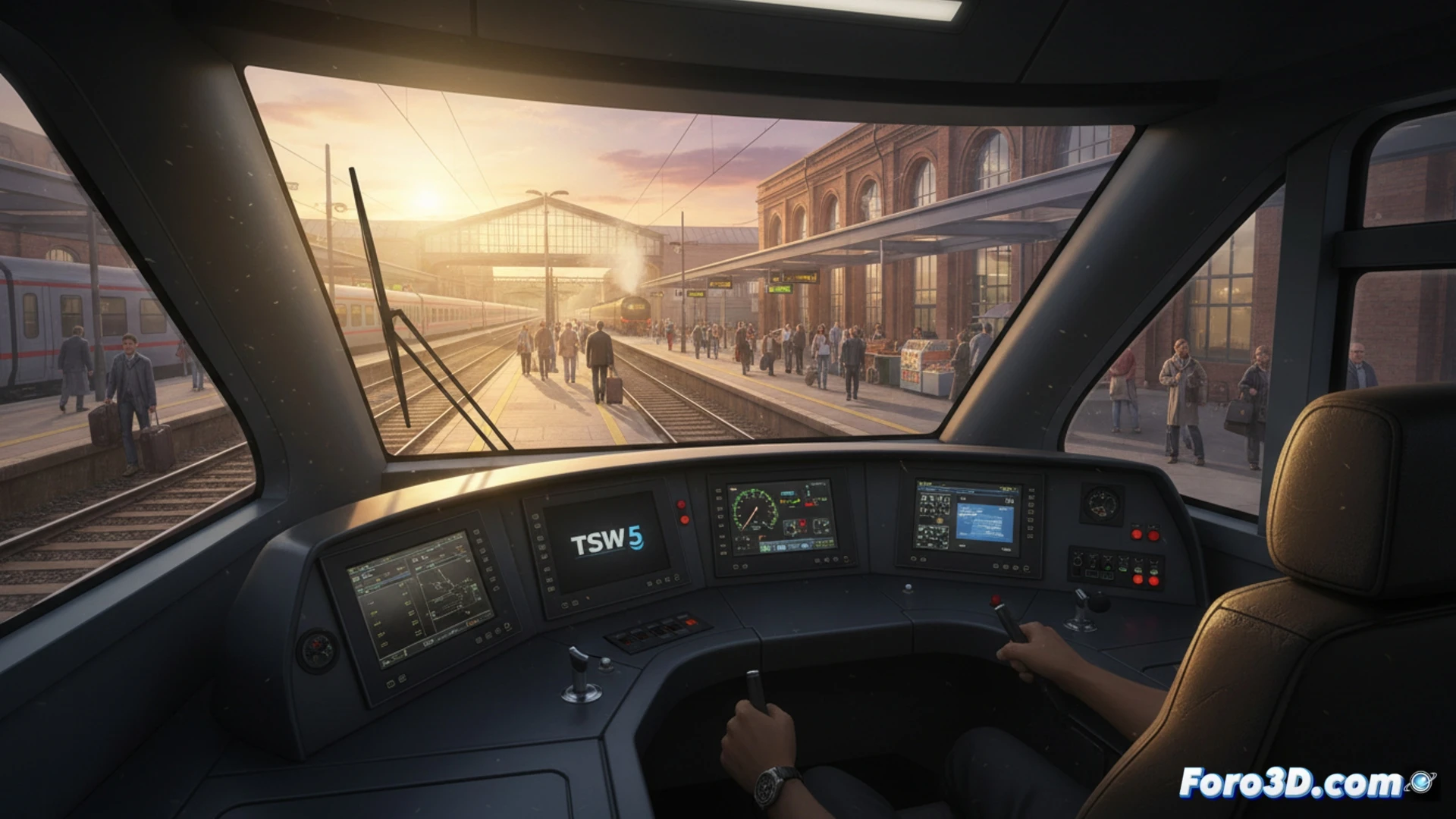 Cabina de tren en Train Sim World 5 con iluminación volumétrica dinámica y texturas PBR realistas al atardecer