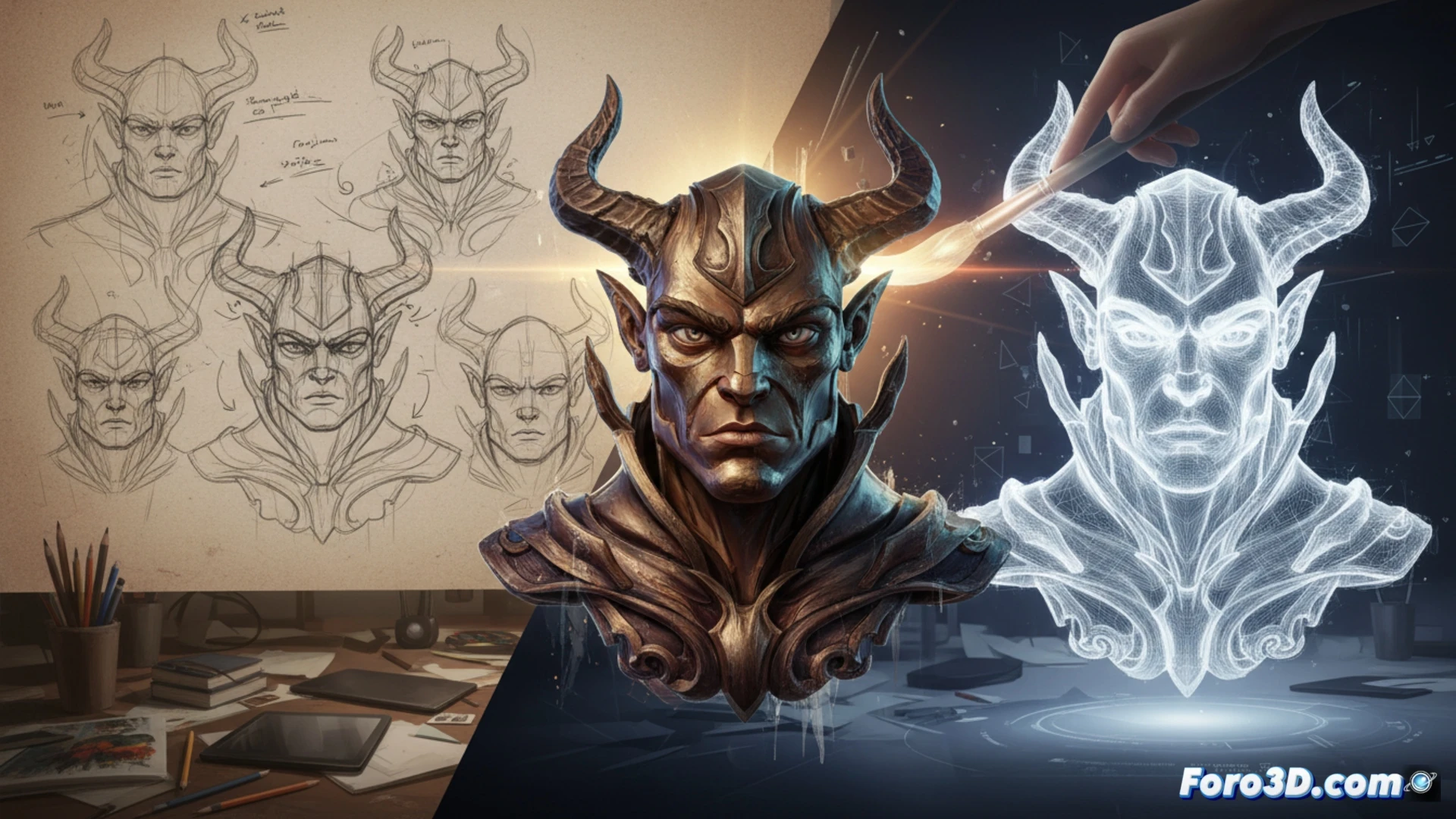 Ilustrador digital modelando cabeza 3D de personaje, con bocetos manuales y render realista a su lado, mostrando transición de trazo a volumen.
