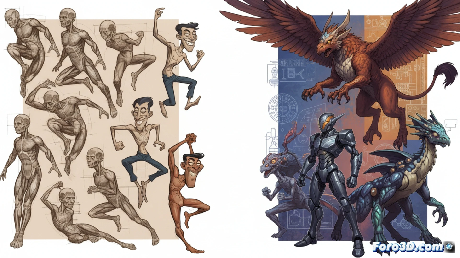 Revista ImagineFX 266 abierta muestra anatomía, caricatura de Luis Rojas y criaturas fantásticas detalladas.