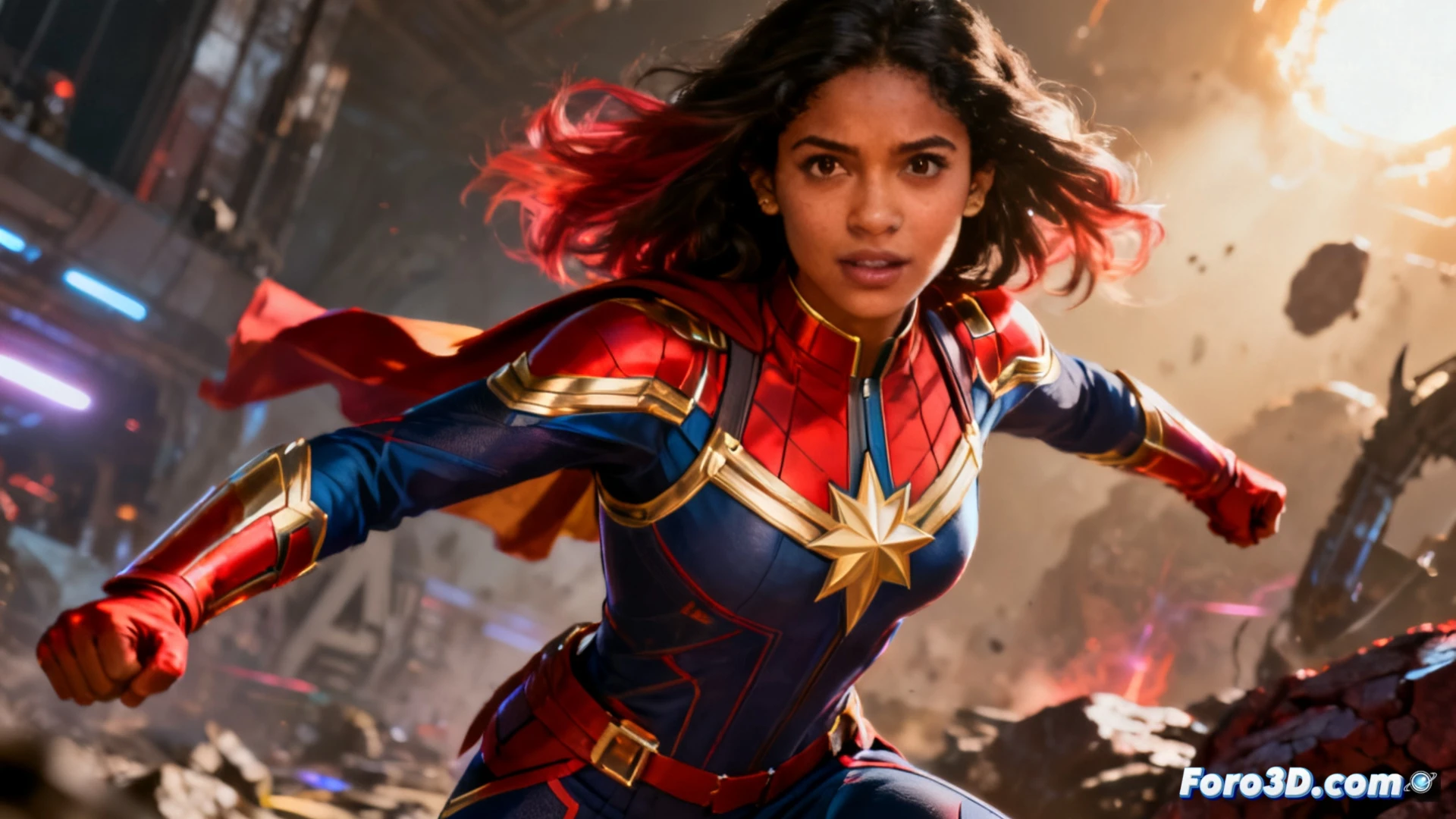 Iman Vellani como Ms. Marvel, con puños brillantes, junto a Andy Serkis y los Vengadores, frente a una amenaza cósmica.