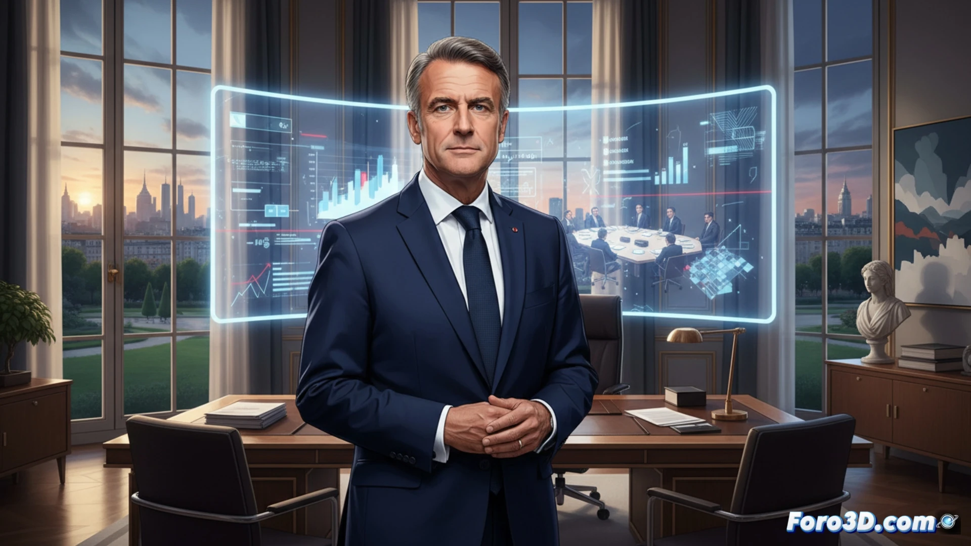 Un retrato serio de Pierre-André Imbert, con documentos laborales y un fondo de protestas.
