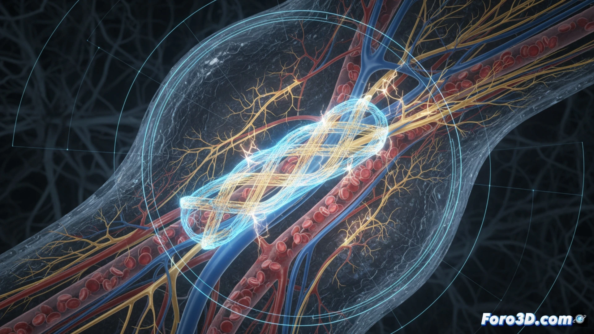 Implante 3D envuelve una arteria, con impulsos eléctricos azules regulando la presión arterial en tiempo real.