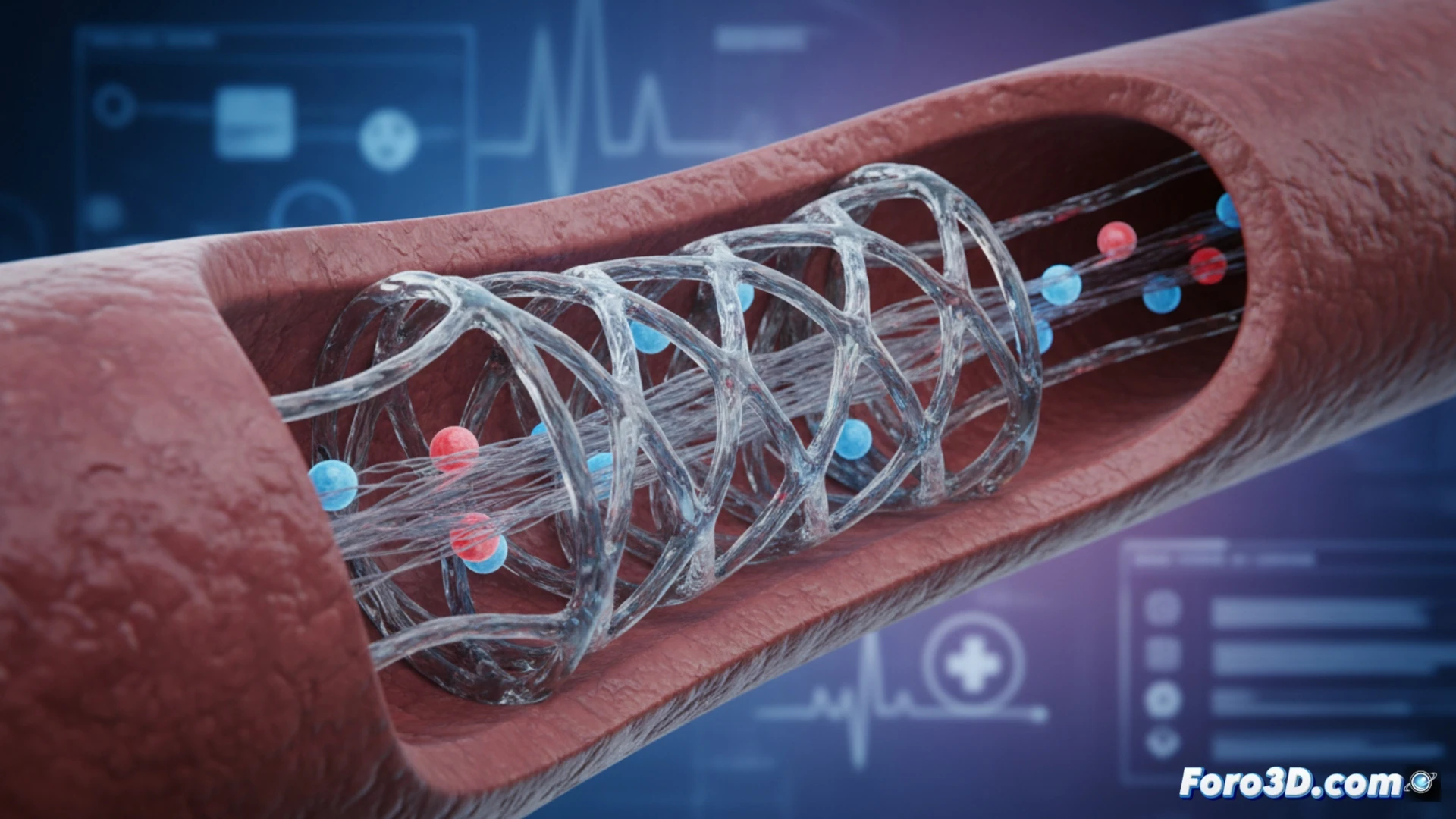 Elastic 3D-printed implant being surgically positioned around a human artery, device expanding and contracting with pulse flow while a digital monitor displays blood pressure dropping from red high levels to green normal range, surgical tools and glowing holographic blueprint showing implant mesh structure in background, cinematic medical visualization, photorealistic tissue textures, metallic implant flexing under tension, dramatic blue operating room lighting, artery cross-section revealing layered walls, technical engineering aesthetic