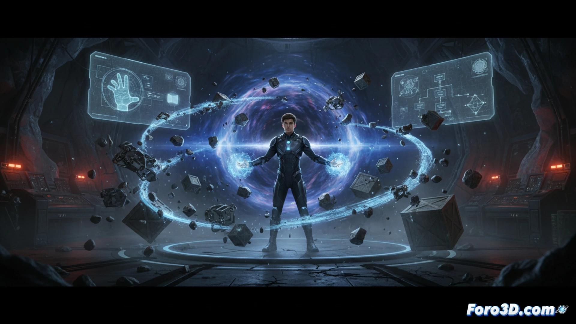 Concepto de Gravity de Marvel controlando gravedad en un videojuego con partículas y objetos flotando