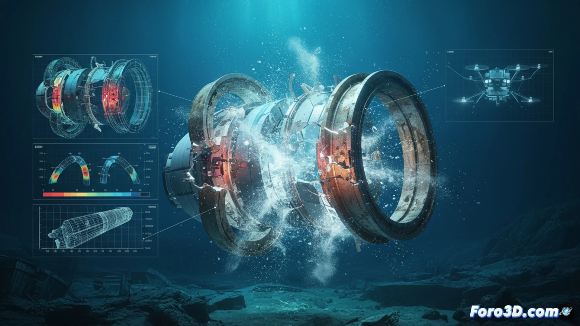 Reconstruccion 3D de modulo submarino implosionado con analisis de fatiga en sellos de titanio y corrosion galvanica
