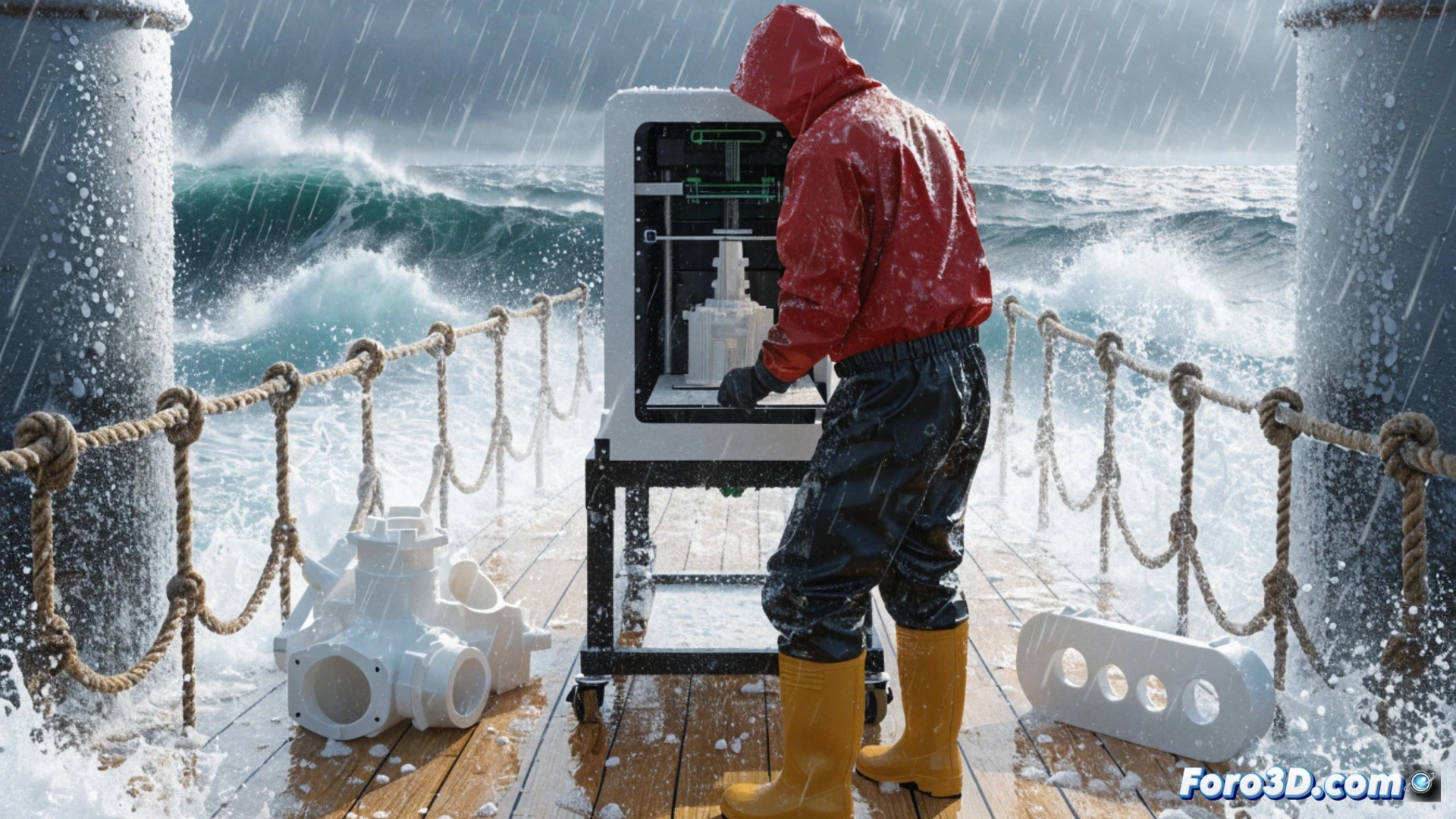 Un marinero junto a una impresora 3D en un barco, sosteniendo una pieza de plástico recién fabricada, con el océano de fondo.