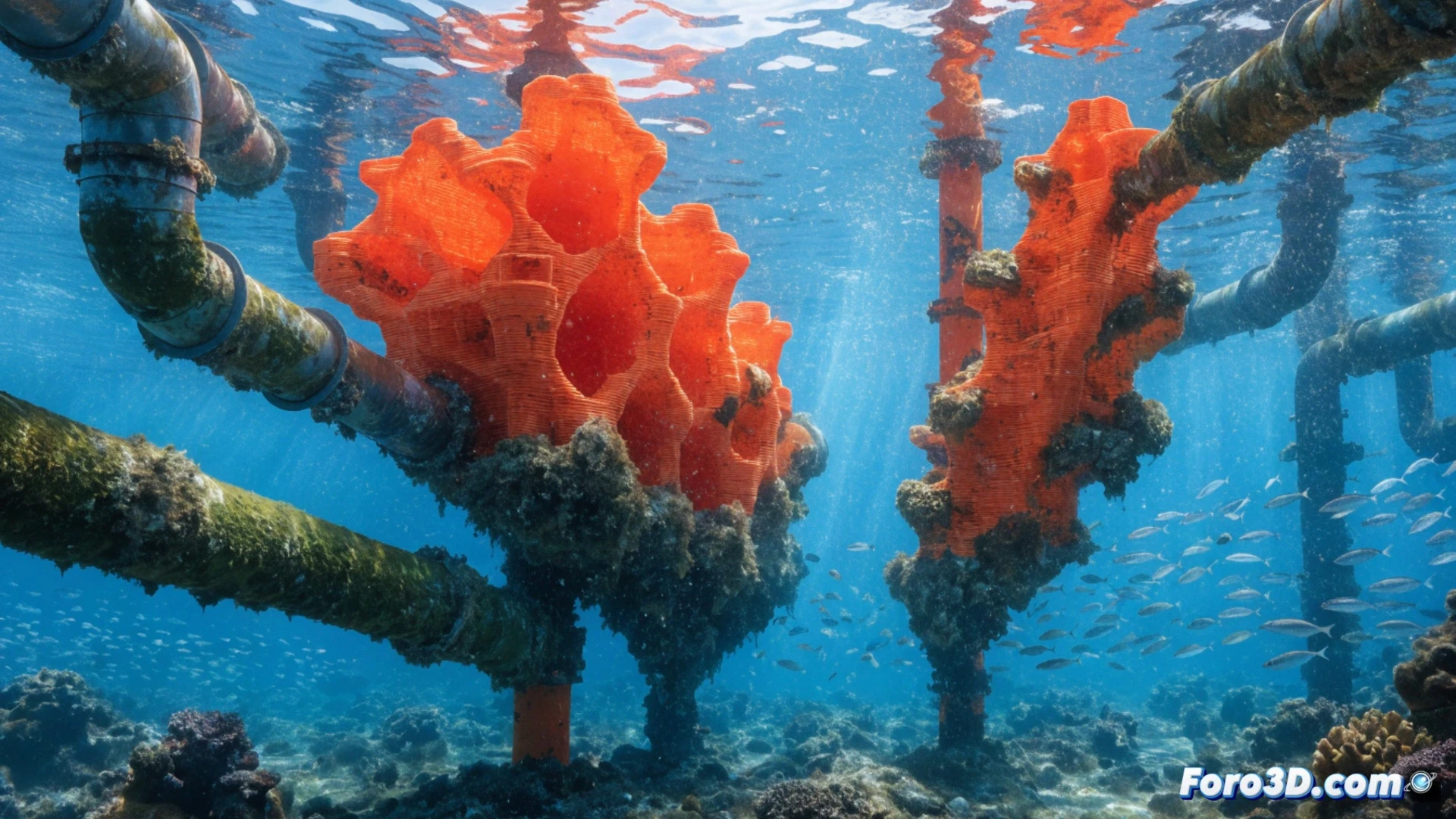 Una mano sostiene una pieza impresa en 3D, un difusor de oxígeno naranja, frente a un estanque con peces. Al fondo, una impresora 3D y herramientas de diseño digital.