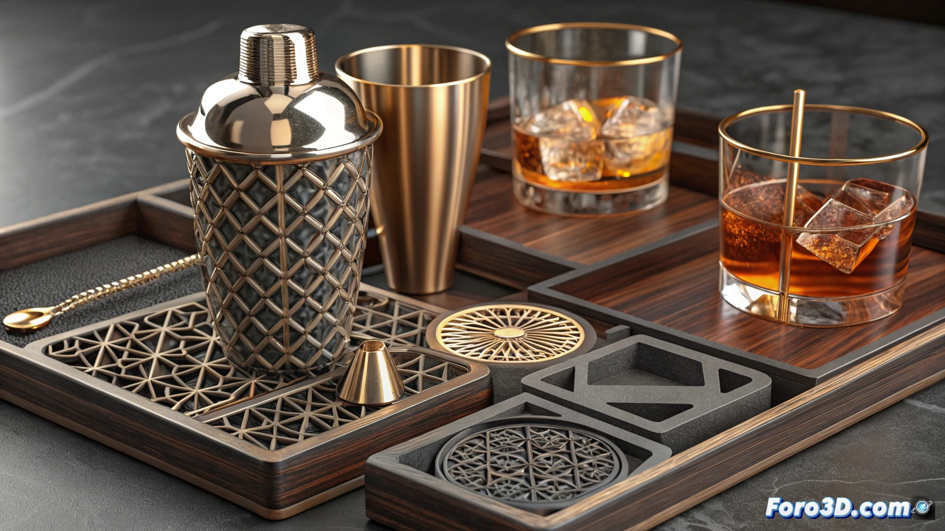 Un camarero sostiene una bandeja impresa en 3D con compartimentos modulares, posavasos QR y copas decoradas, en un bar moderno iluminado.